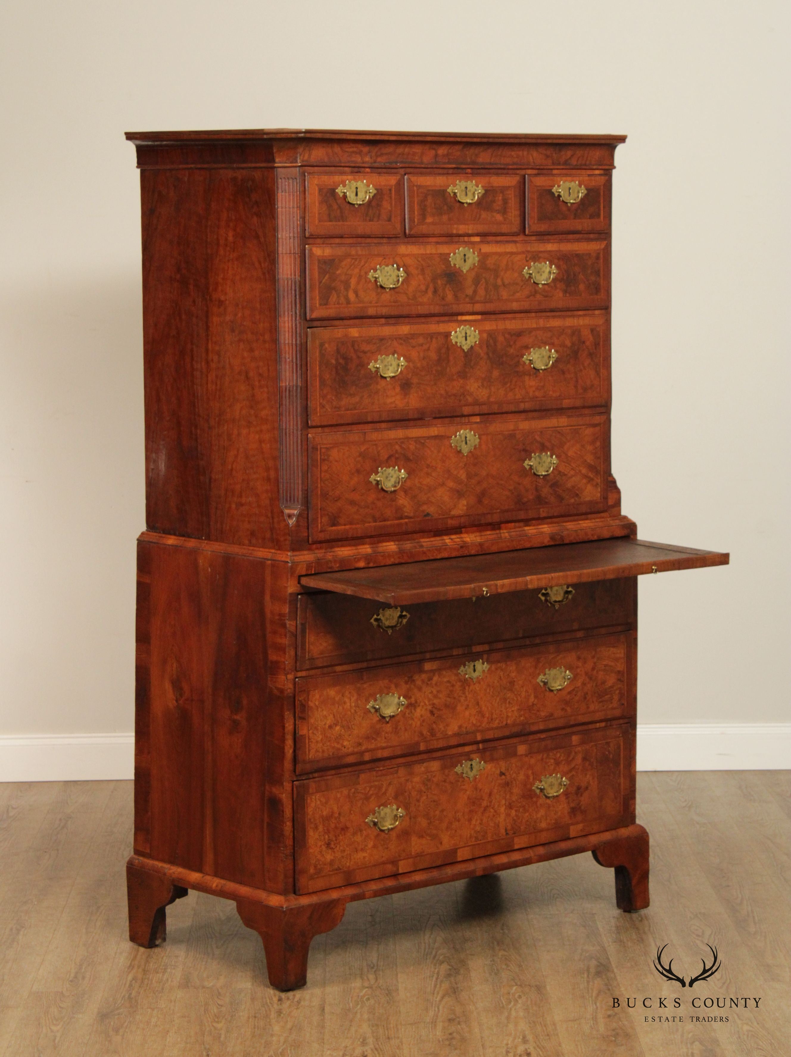 Antique 18th C. English George III Burl Wood Tallboy Chest On Chest