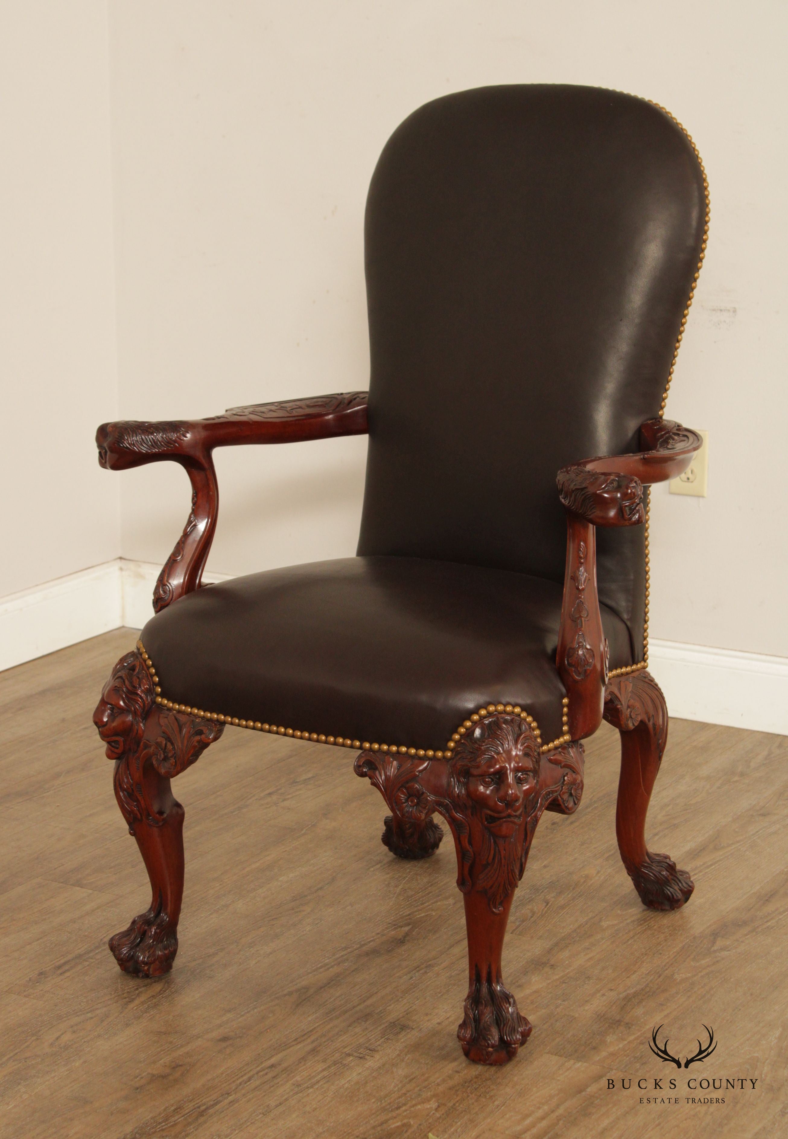 Maitland Smith Georgian Style Lion-Carved Leather Armchair