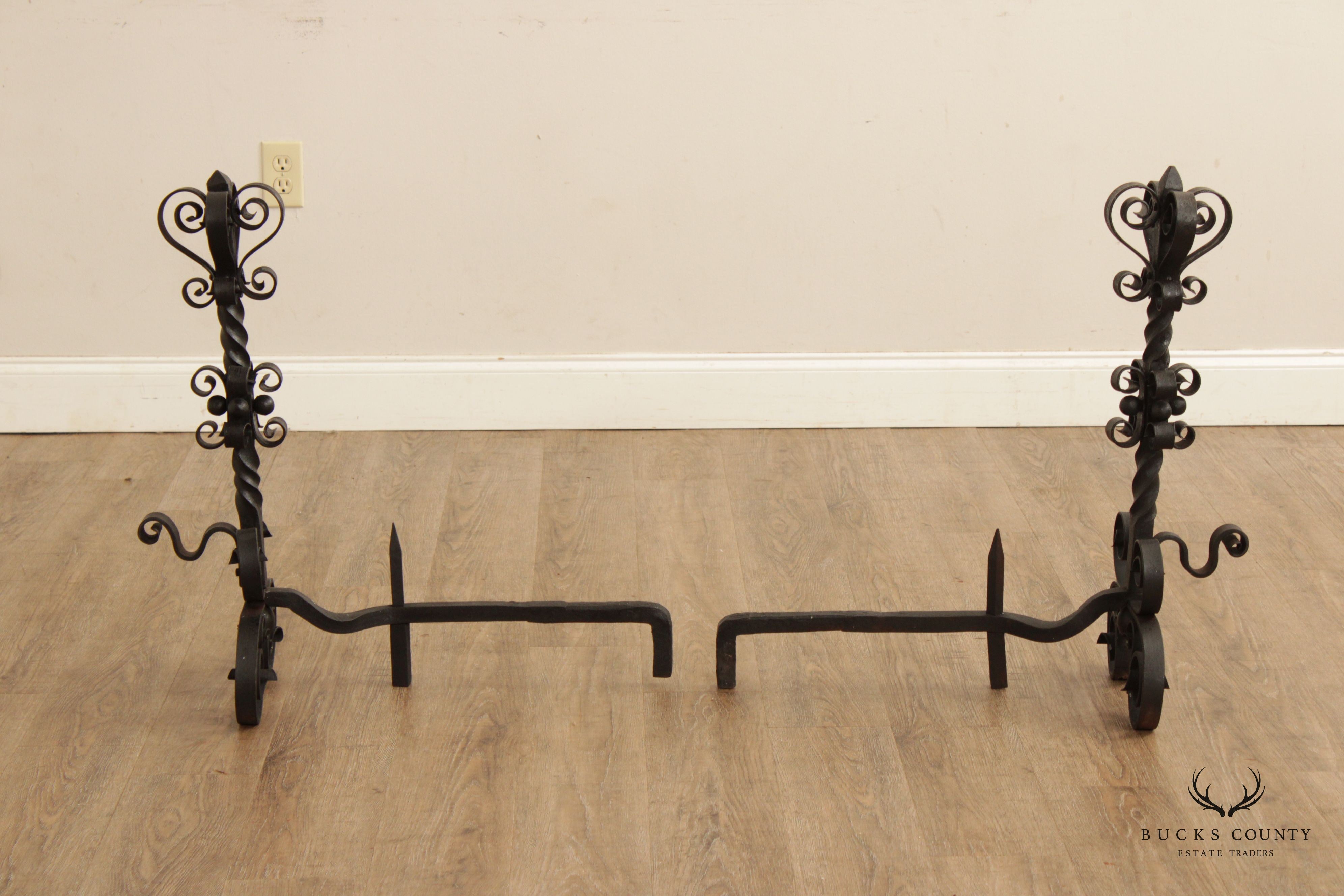 Vintage Gothic Style Pair Wrought Iron Scroll Andirons