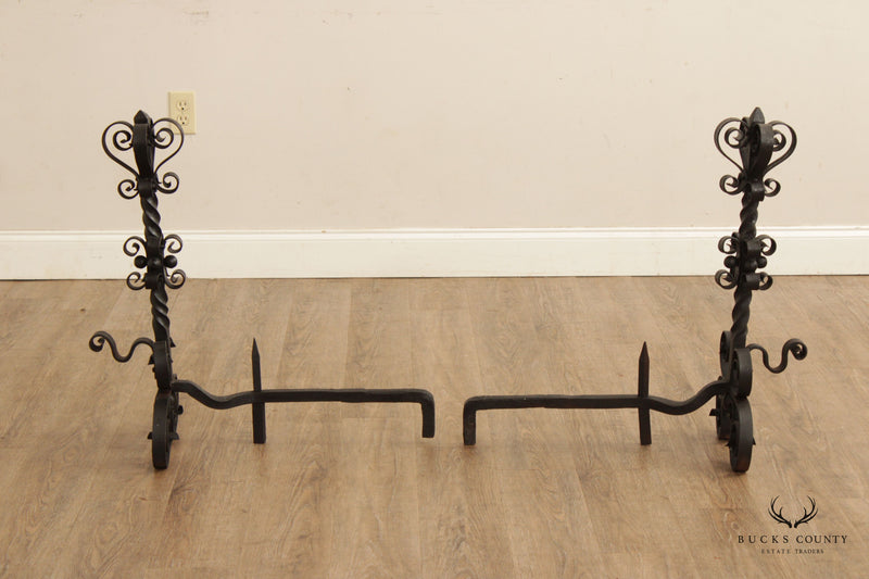 Vintage Gothic Style Pair Wrought Iron Scroll Andirons