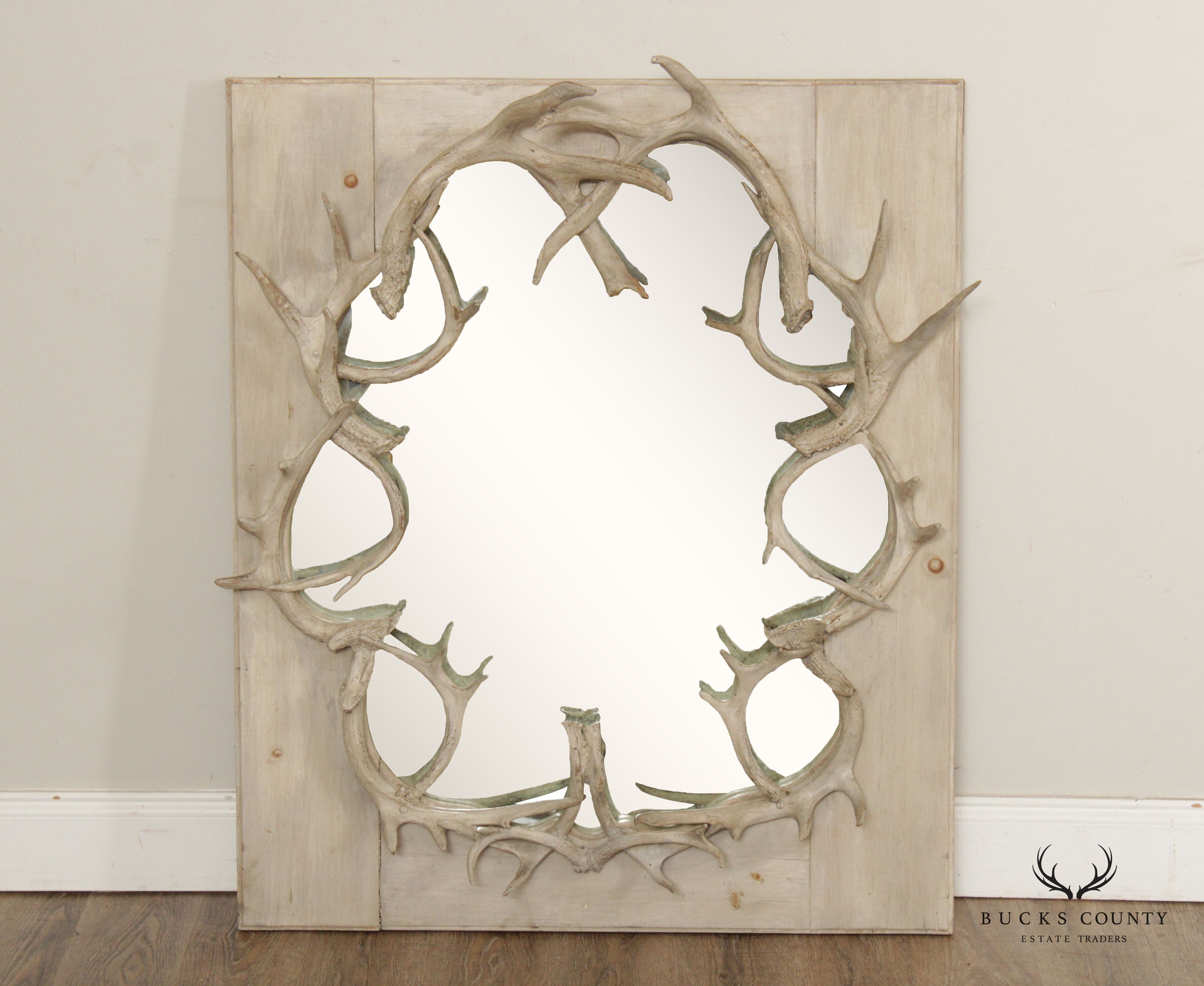 Rustic Painted Pine and Antler Wall Mirror