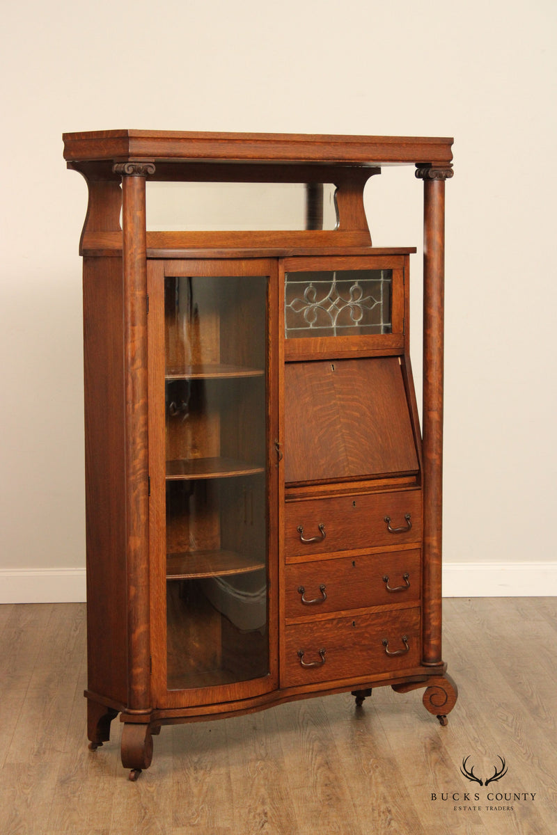 Antique Victorian Oak Side by Side Secretary Desk Bookcase Cabinet