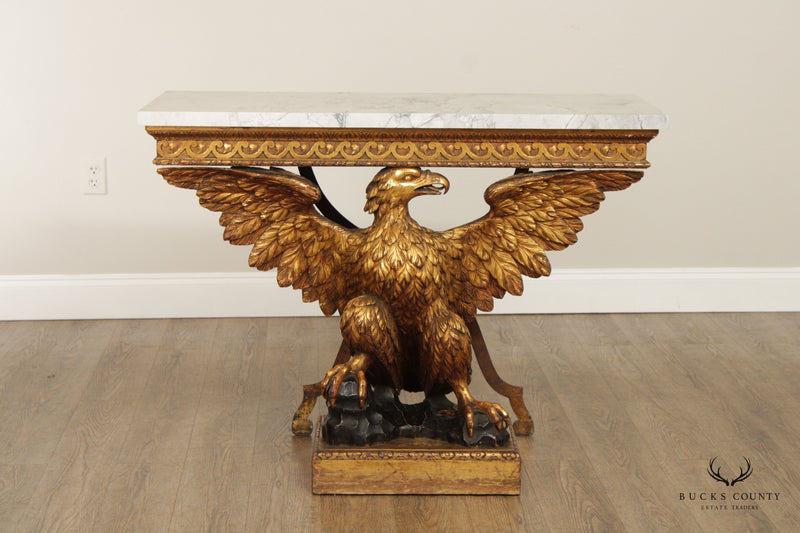 Regency George II Style Pair Giltwood Carved Eagle Marble Top Consoles