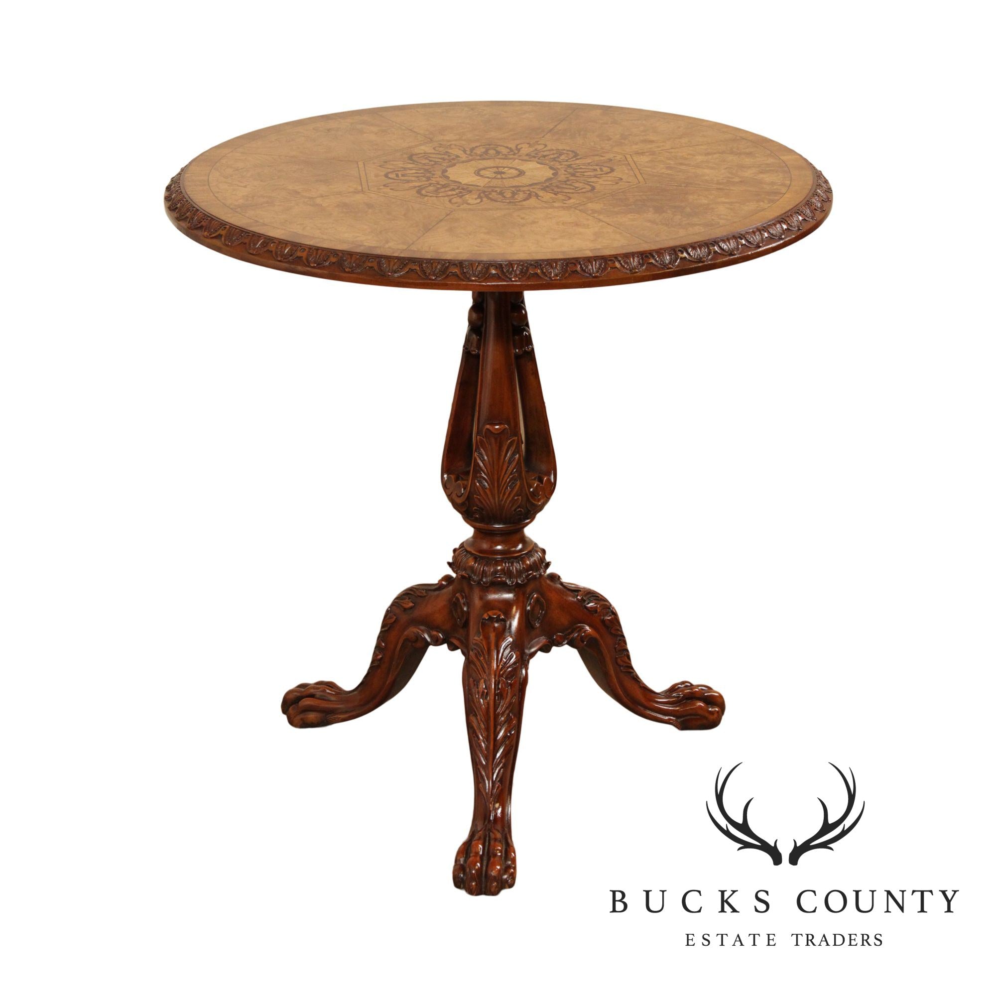 Maitland Smith Georgian Style Carved Mahogany, Round Inlaid Top Side Table