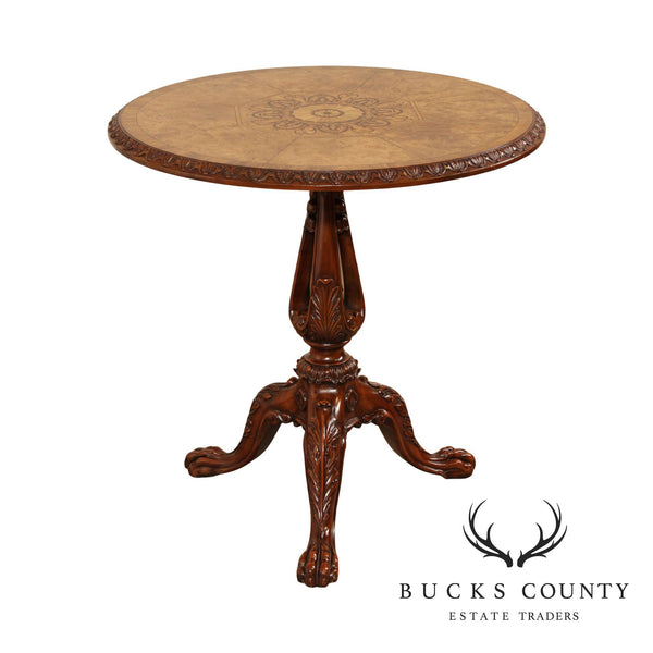Maitland Smith Georgian Style Carved Mahogany, Round Inlaid Top Side Table