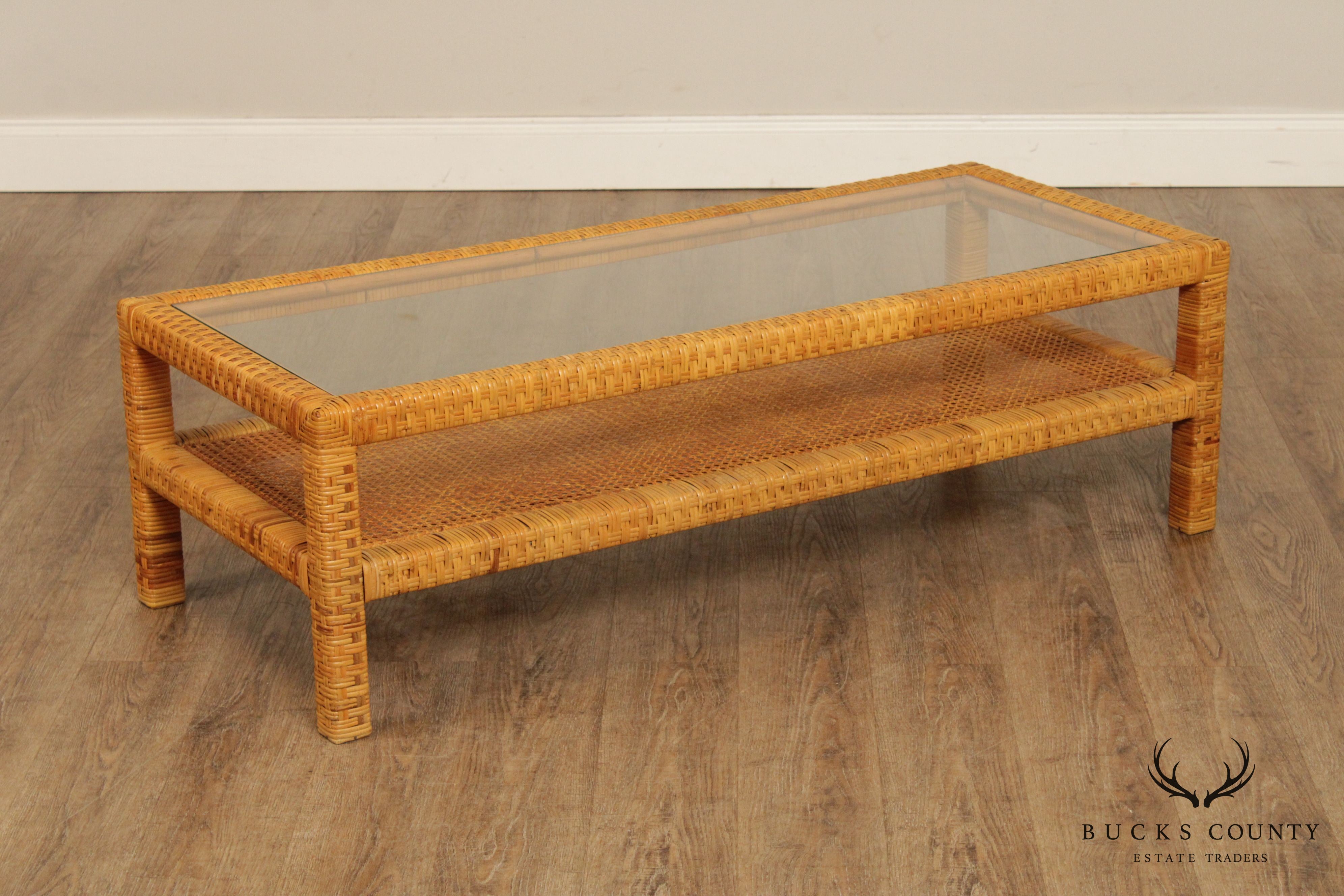 Vintage Wicker Rattan Glass Top Coffee Table