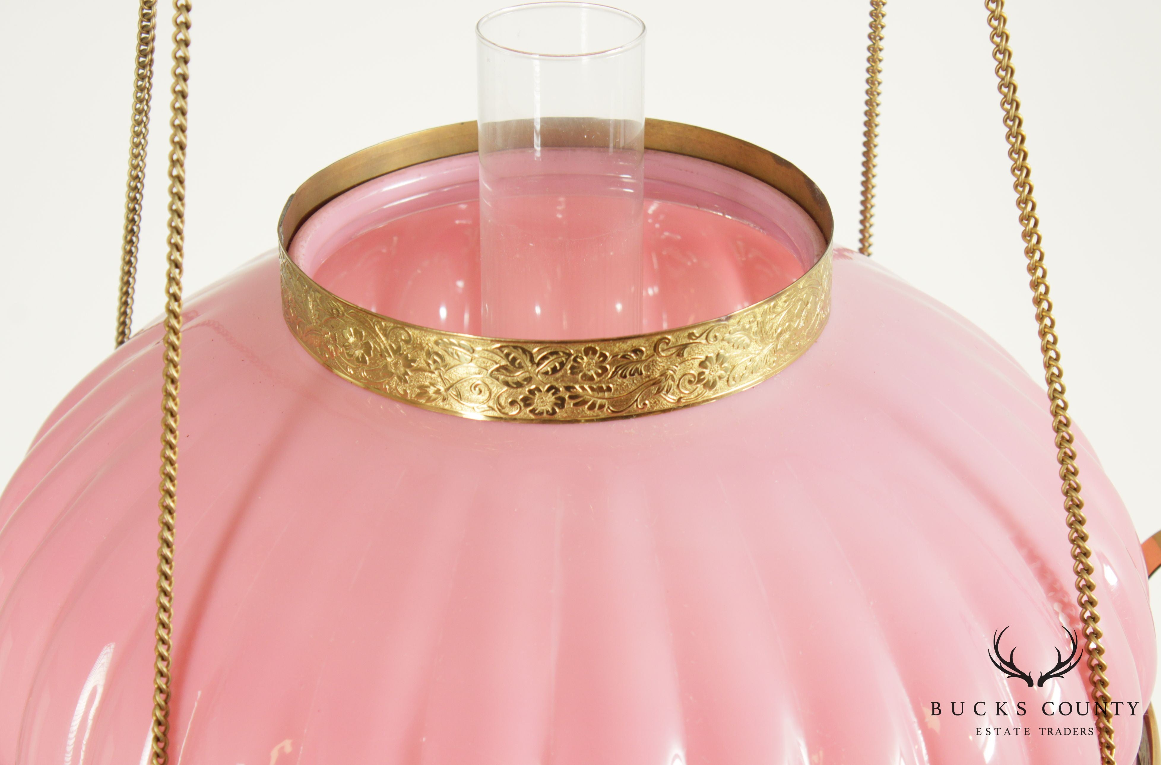 Rochester Antique Victorian Brass Hanging Oil Lamp Chandelier, Pink Glass Shade