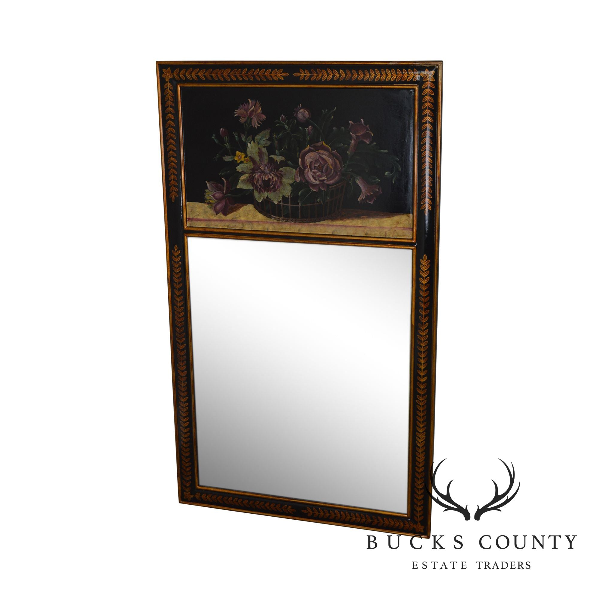 Quality Black & Gold Frame Trumeau Mirror with Hand Painted Flowers