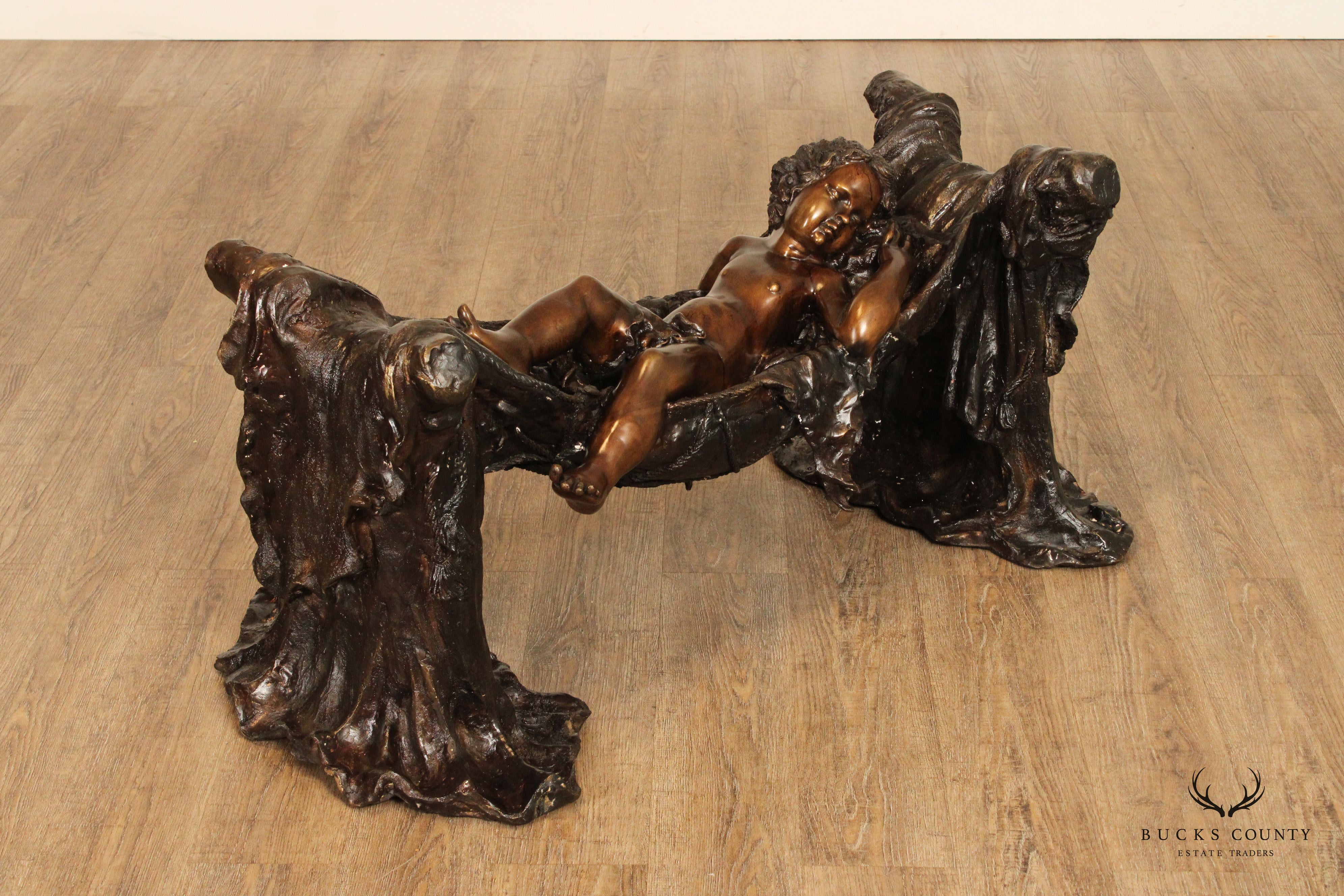 Classical Style Cast Bronze Sleeping Putti Glass Top Coffee Table