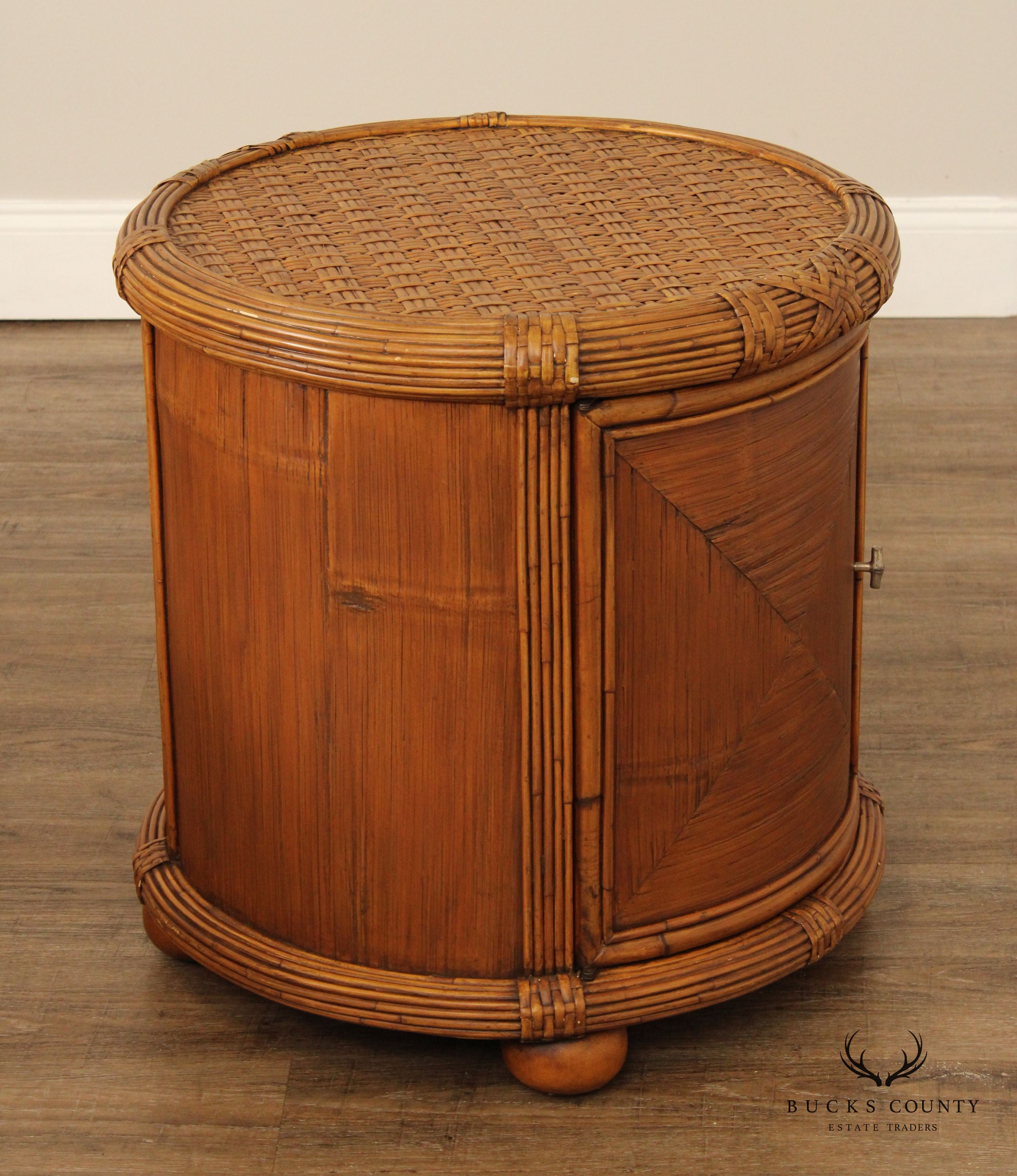 Bamboo and Rattan Circular Glass Top Drum Style Side Table