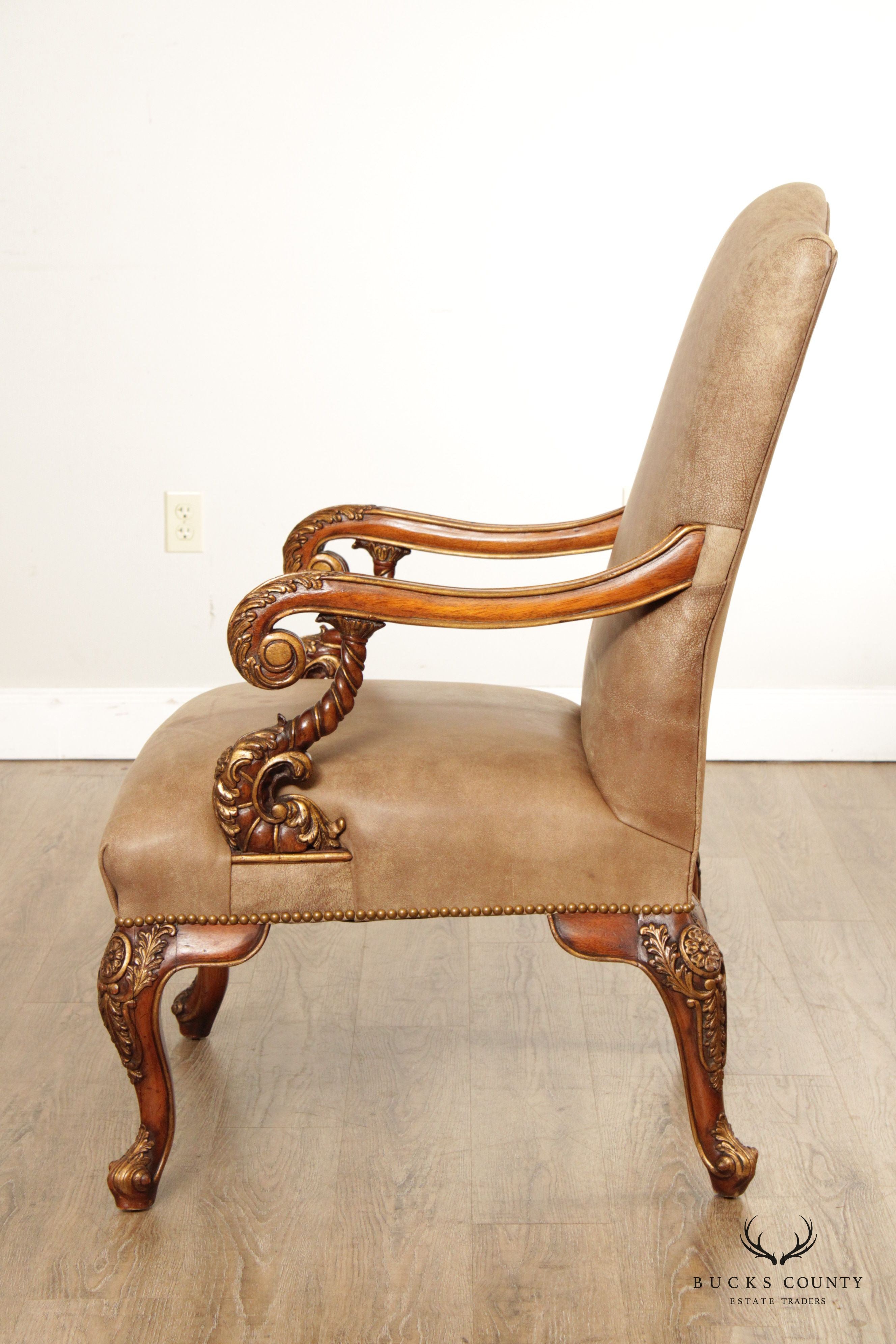 Italian Rococo Style Leather and Partial Gilt Armchair