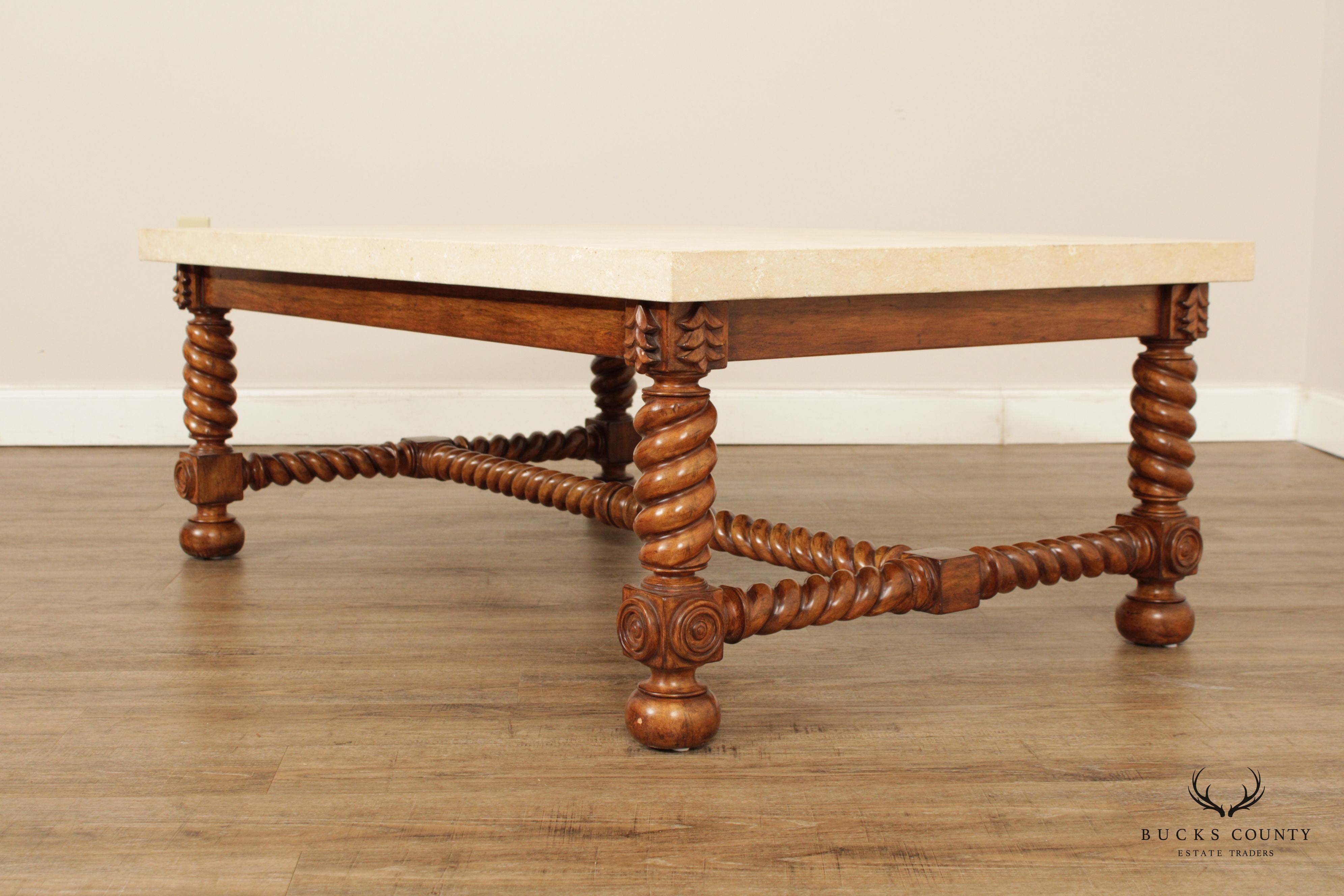 Jacobean Style Barley Twist Travertine Stone Top Coffee Table