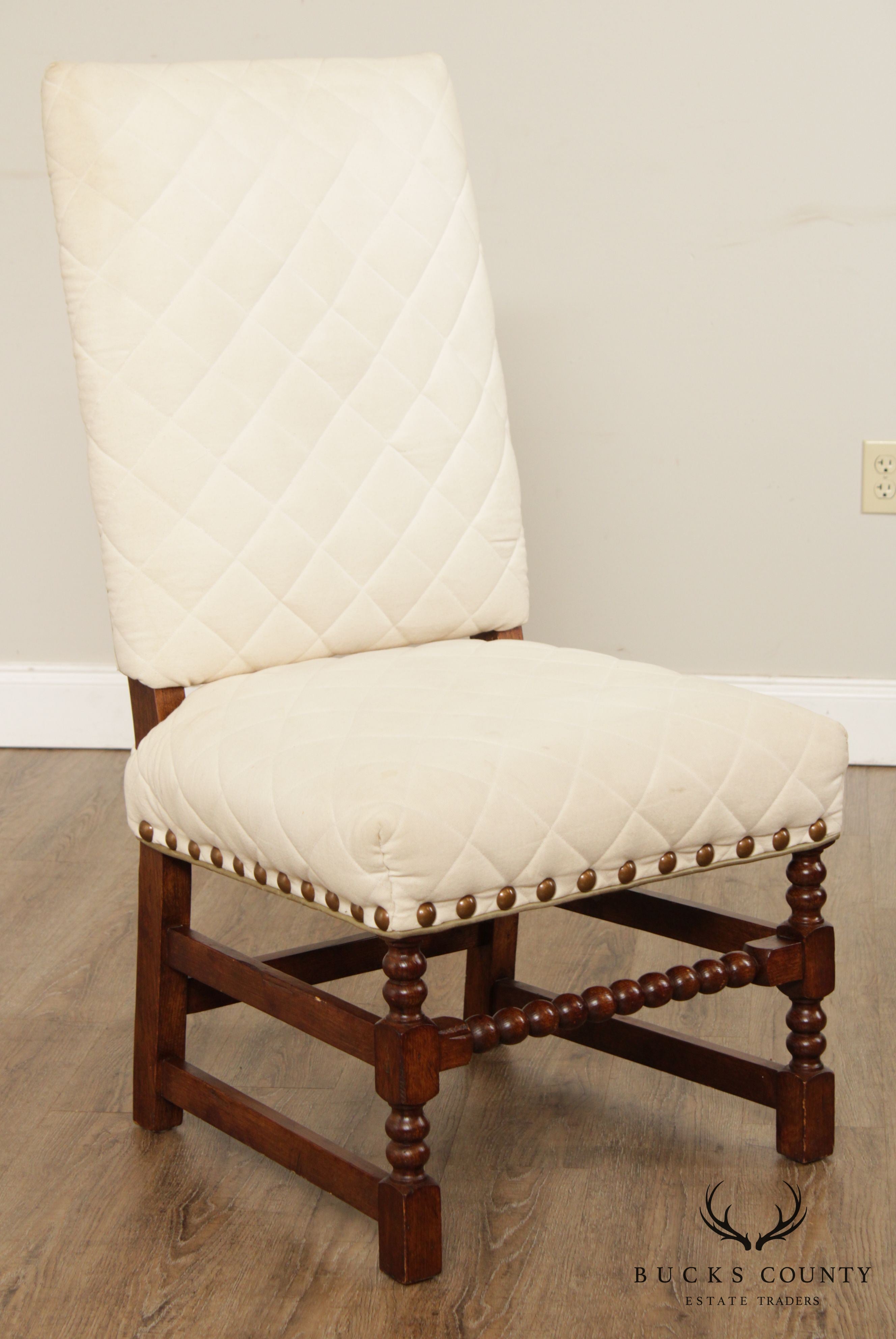 Jacobean Style Pair Spool Turned Upholstered Side Chairs