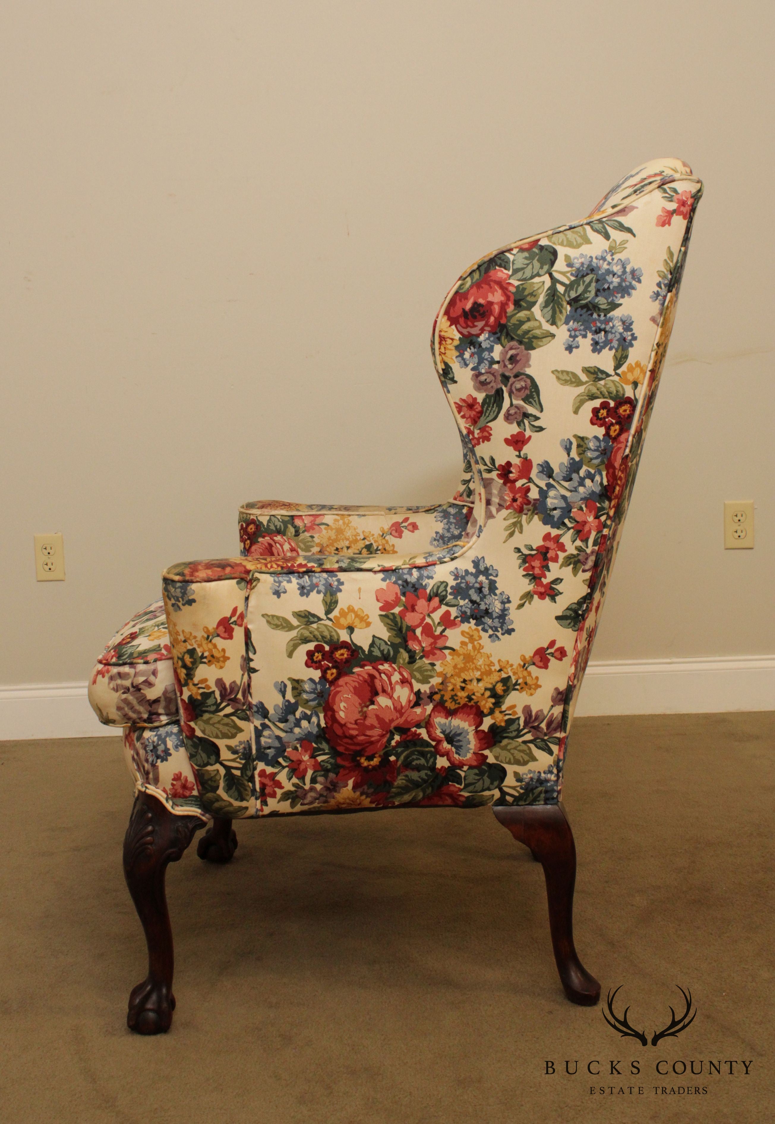 Chippendale Style Vintage Custom Mahogany Ball & Claw Wing Chair Frame