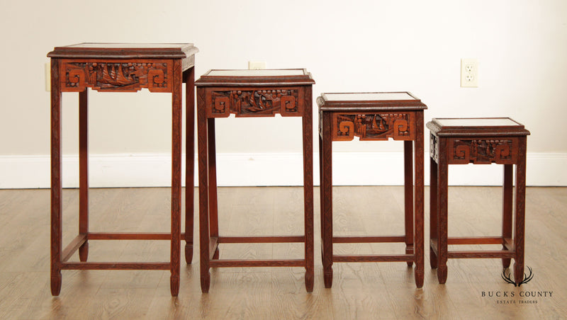 Chinoiserie Carved Set of Four Hardwood Glass Top Nesting Tables