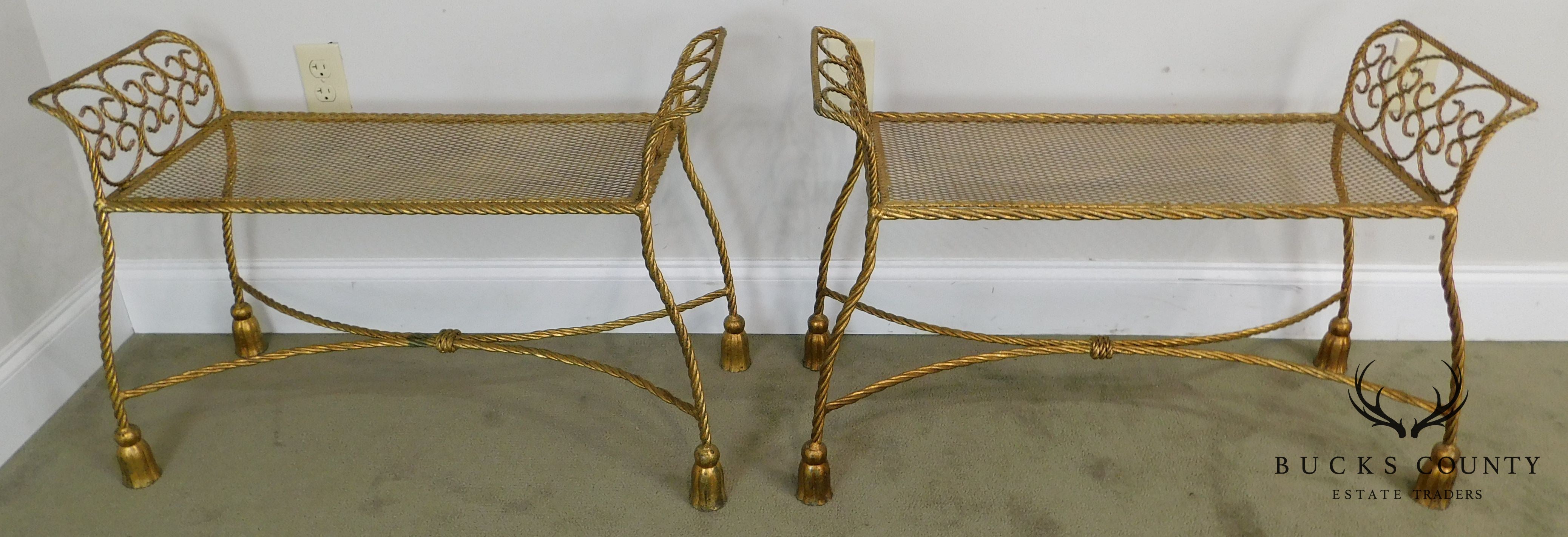 Hollywood Regency Vintage 1960's Italian Gilt Metal Pair Rope & Tassel Benches