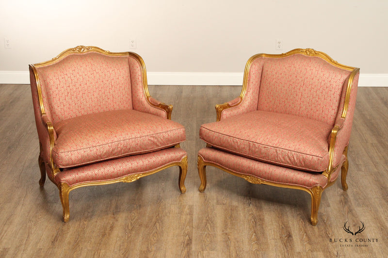 French Louis XV Style Pair of Giltwood Wide Seat Bergere Chairs