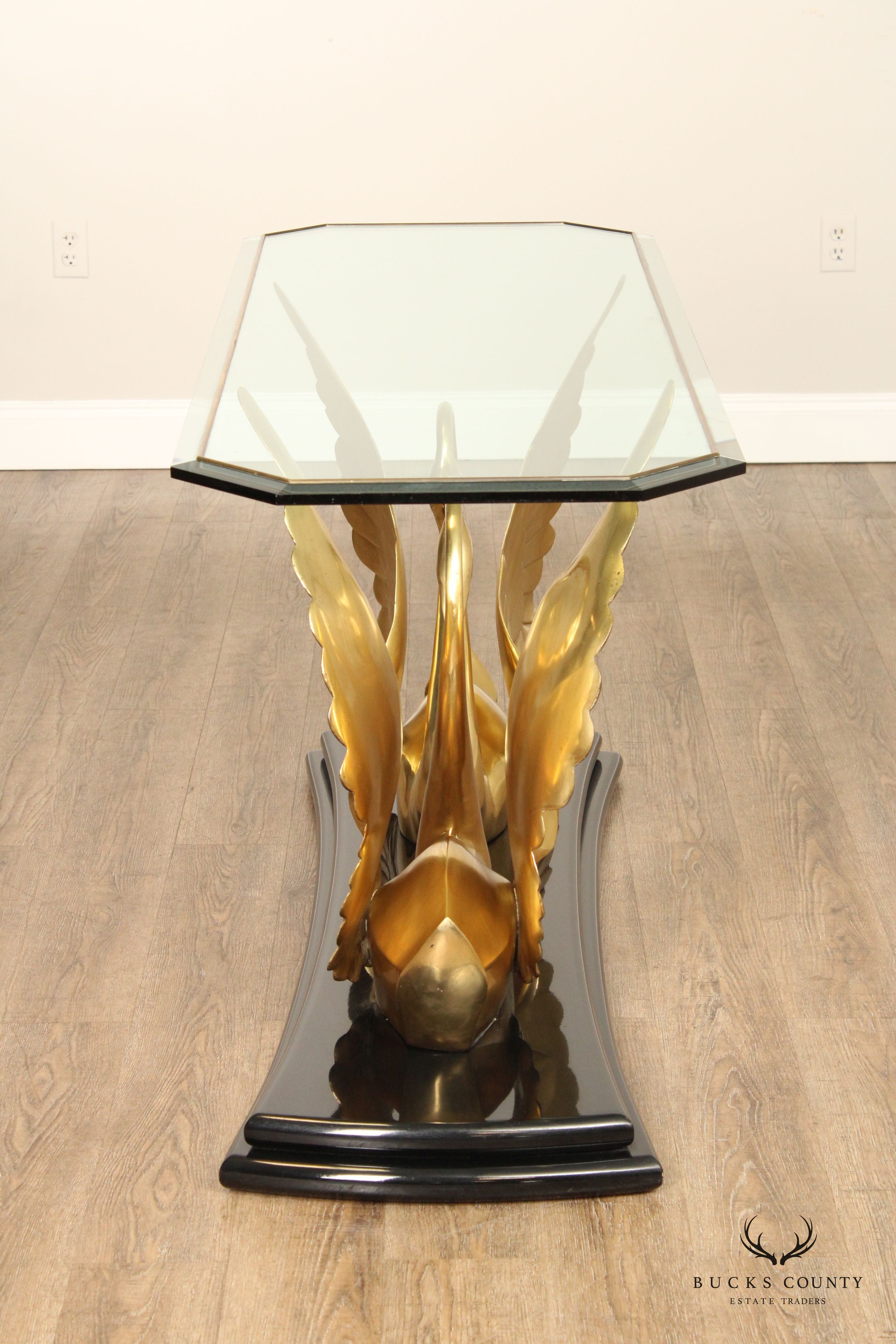 Quality Italian Brass Swan Glass Top Console Table