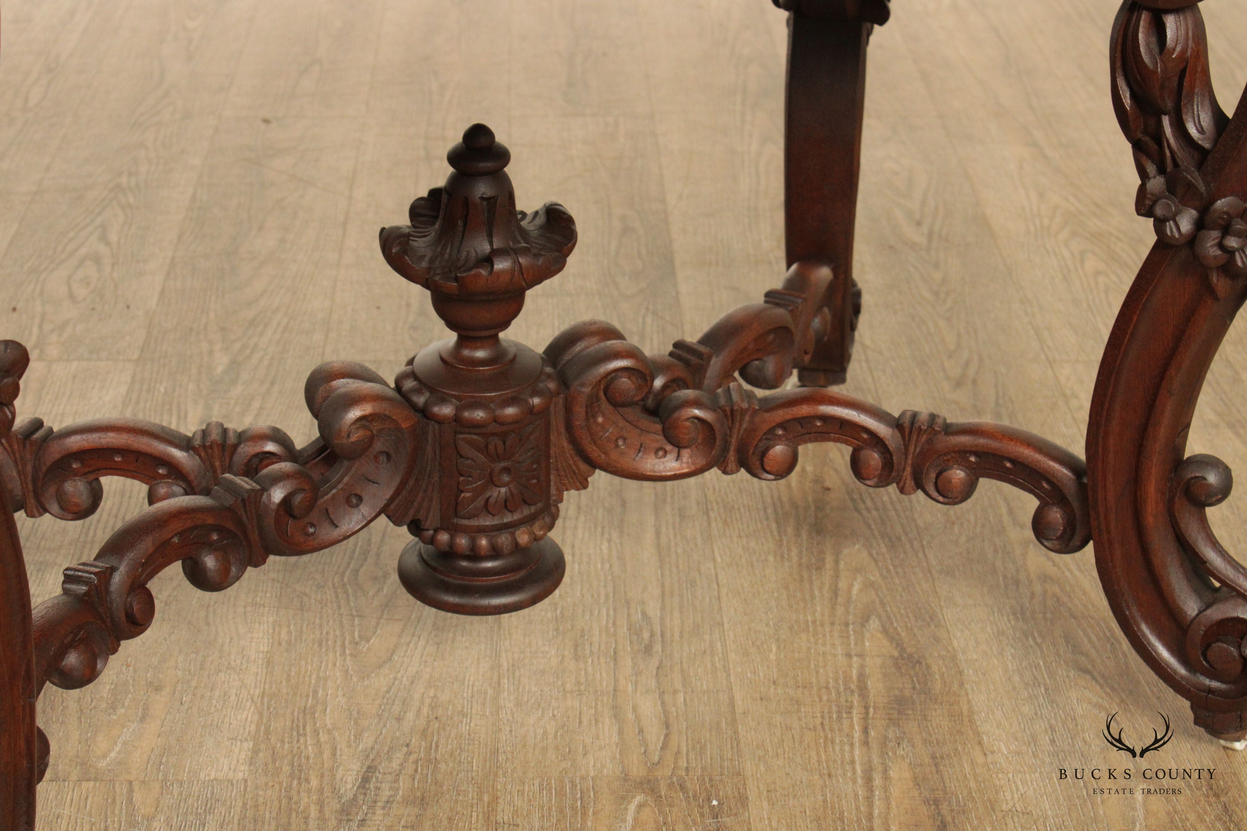 Antique Renaissance Revival Carved Mahogany Marble Turtle Top Center Table