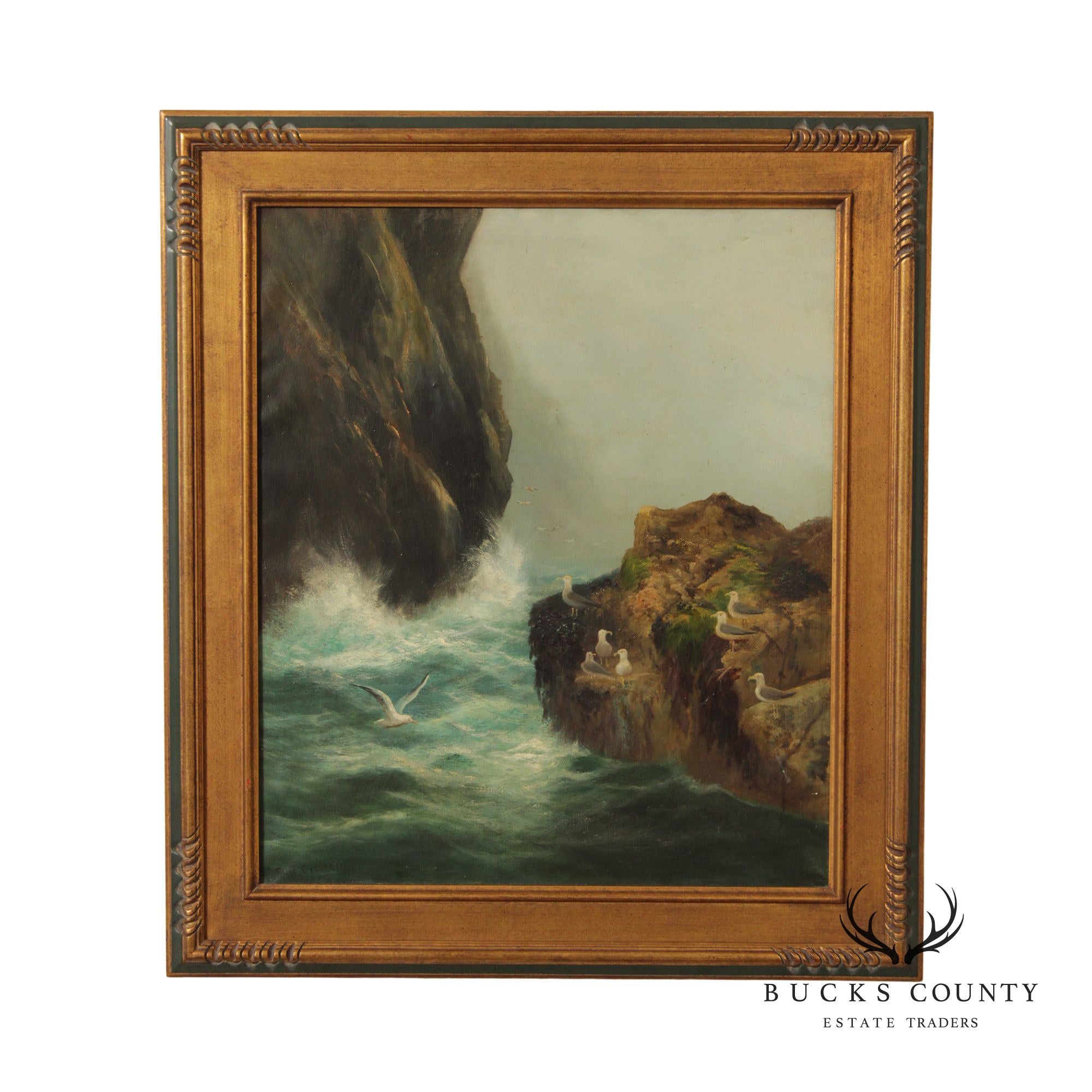 Antique 19th C. Scottish Rocky Shoreline Seascape Painting by Peter Graham