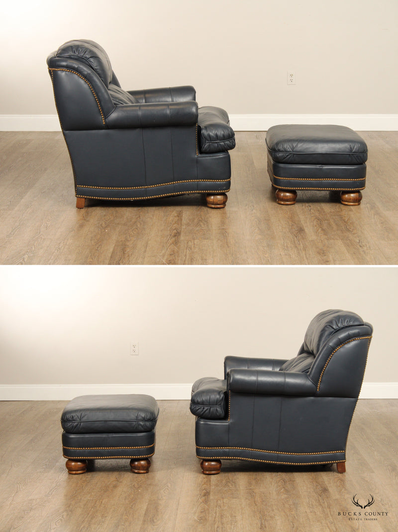 Hancock & Moore Blue Leather 'Austin' Club Chair and Ottoman