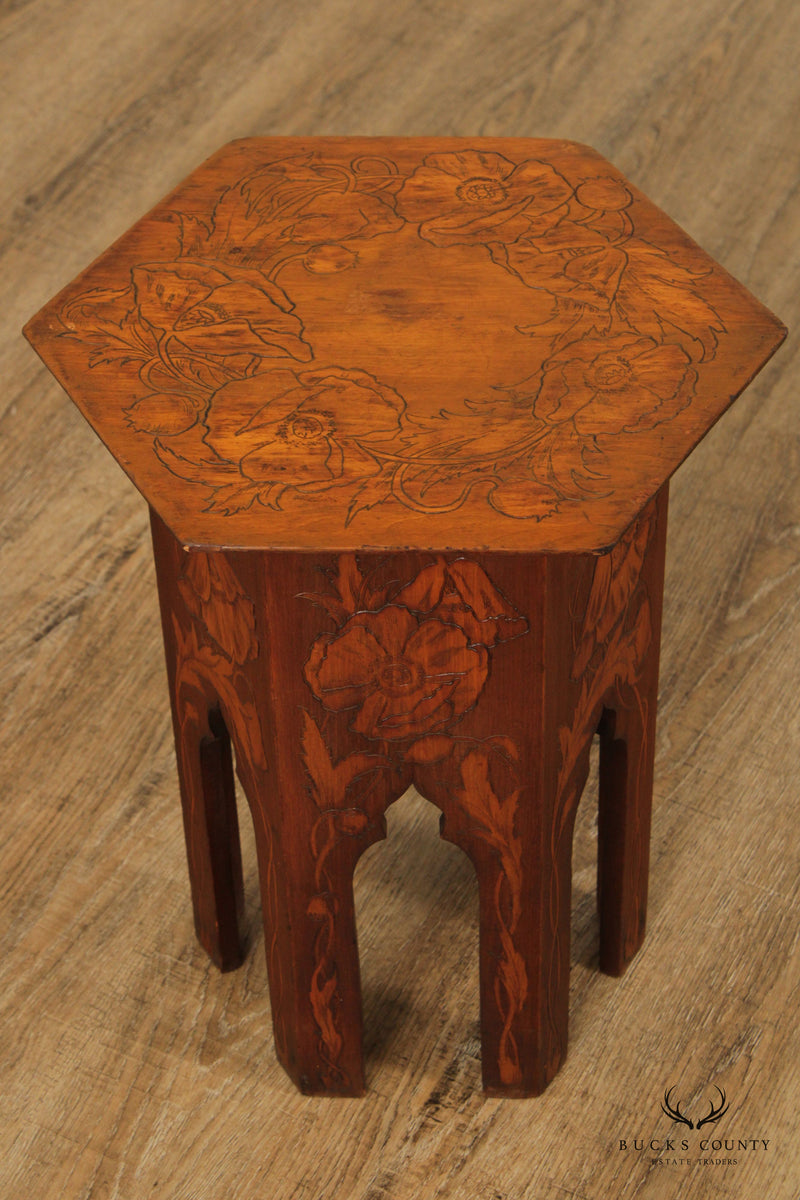 Antique Arts & Crafts Pyrography Carved Oak Side Table