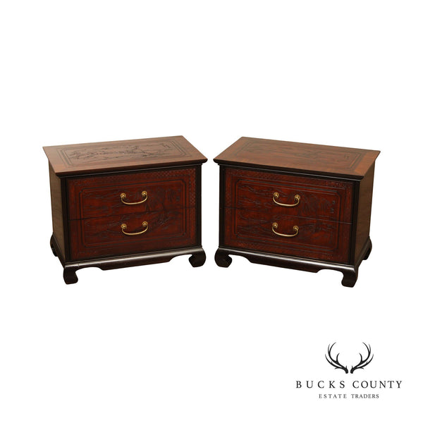 Drexel Heritage 'Conoisseur' Pair of Carved Mahogany Nightstands