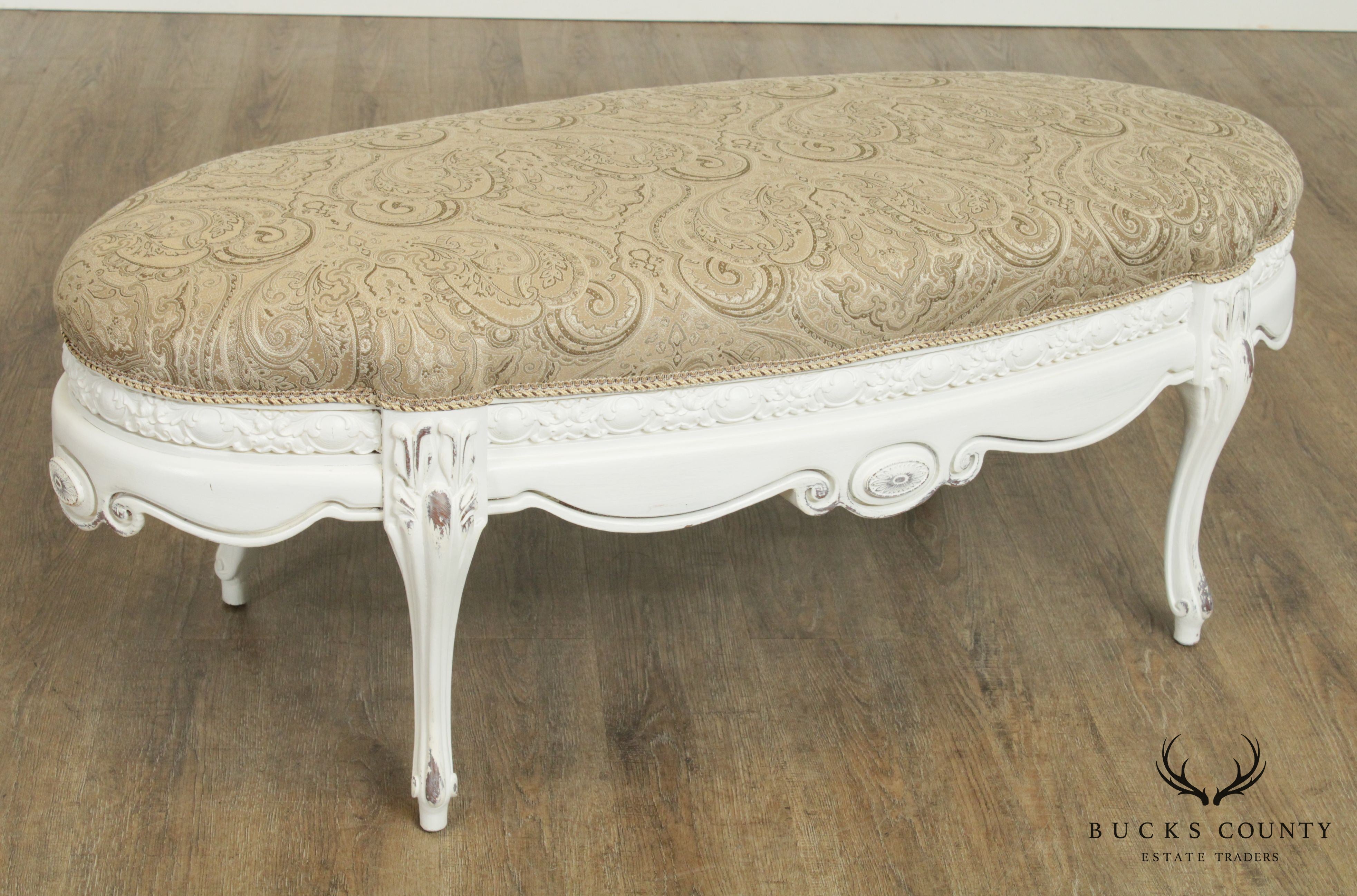 French Louis XV Style Custom White Painted Oval Ottoman