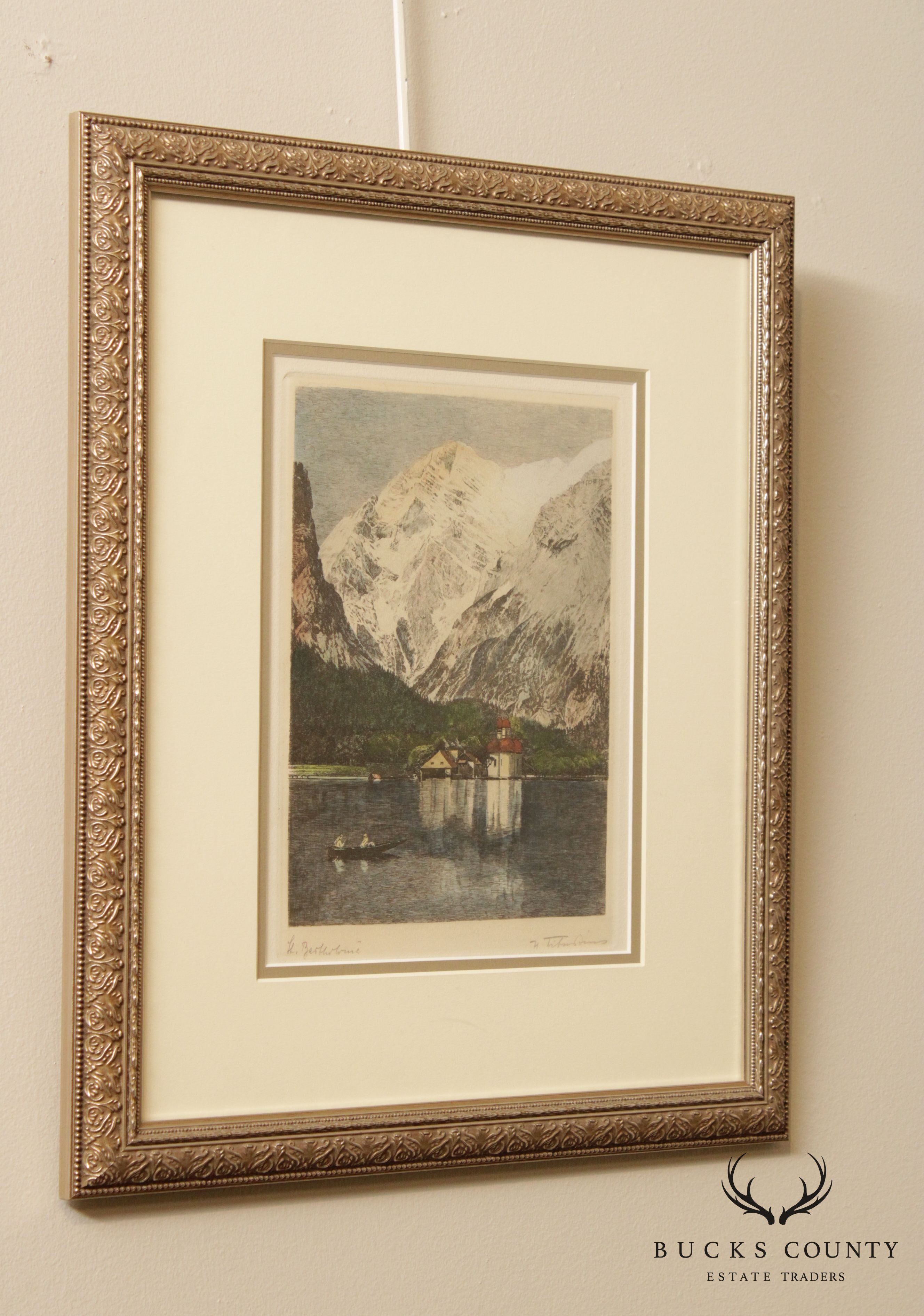 Antique European Mountain Scene, Etching