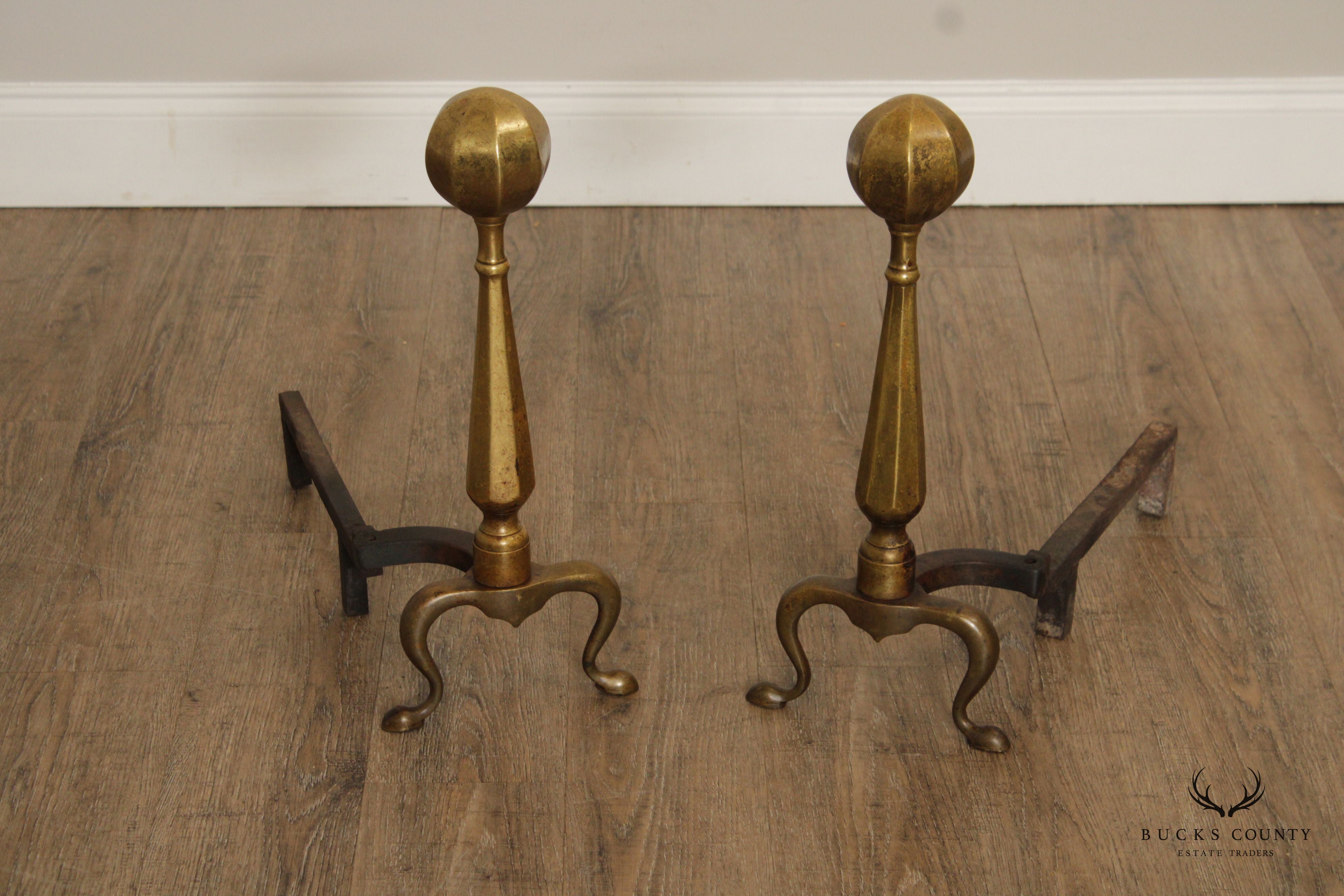 FEDERAL STYLE VINTAGE PAIR OF BRASS ANDIRONS