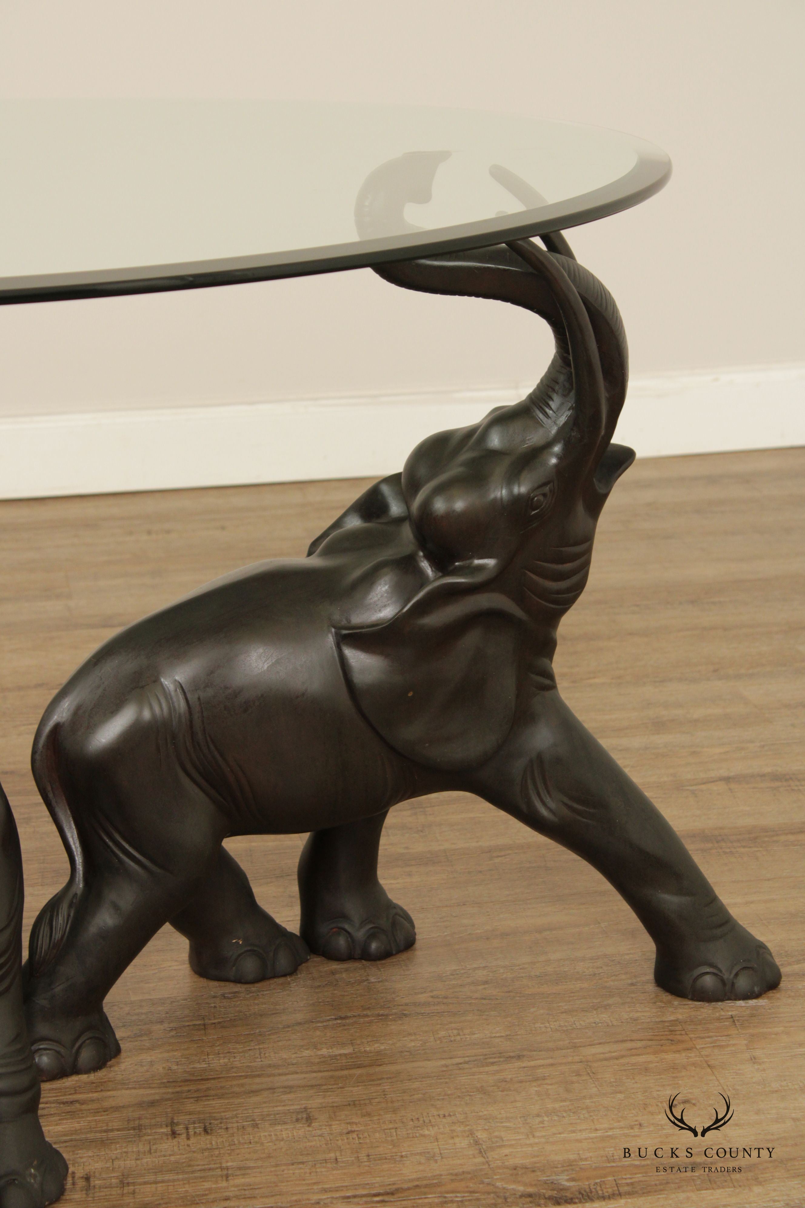 Contemporary Trio of Elephants Brass & Glass Center Table