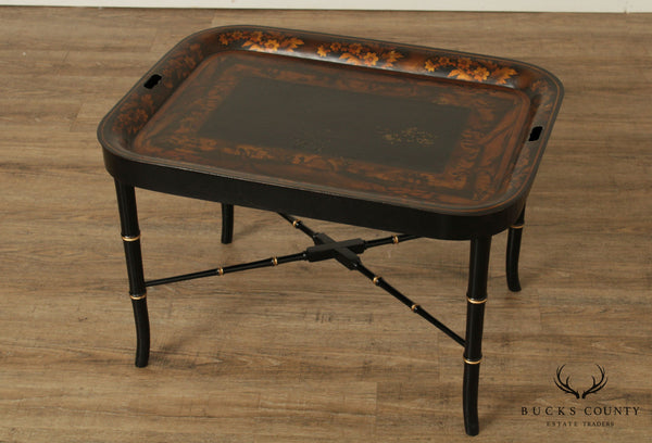Antique Chinoiserie Black & Gold Tole Tray Table