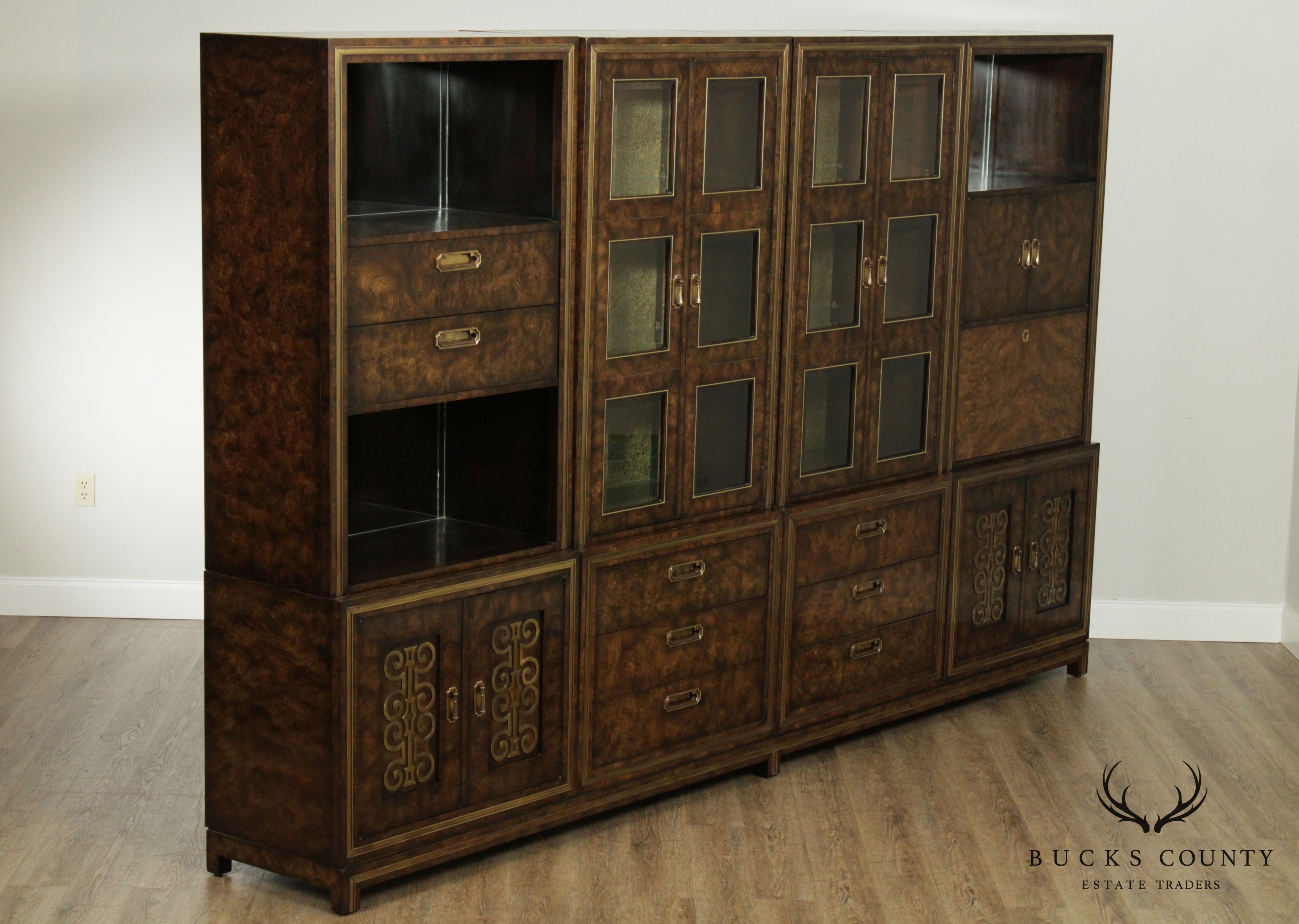 Mastercraft 1970's Hollywood Regency Large Burl Wood & Brass Bookcase Wall Unit