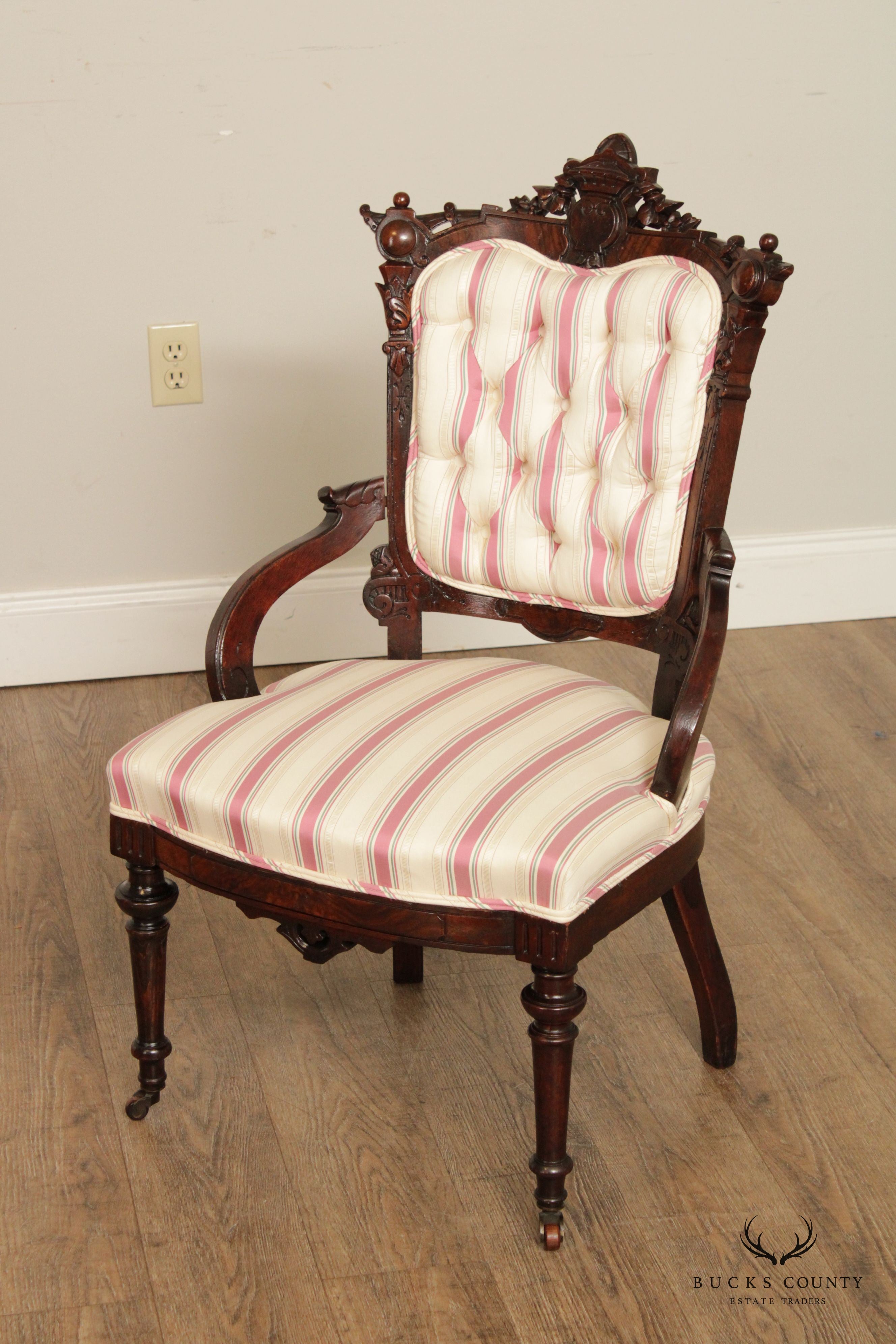 Antique Victorian Renaissance Carved Walnut Pair Of Armchairs