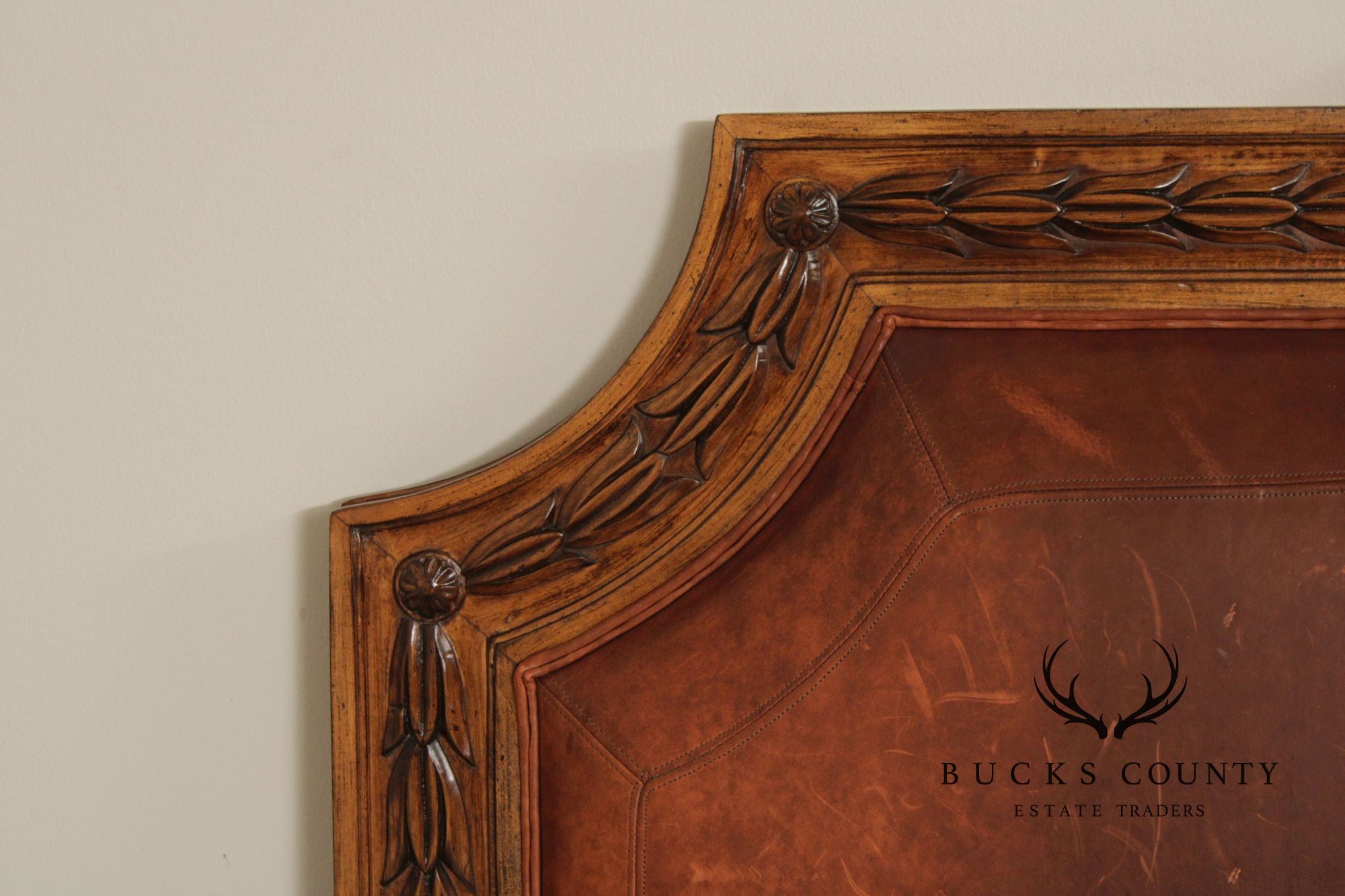 Rustic European Style King Size Carved Wood And Leather Headboard