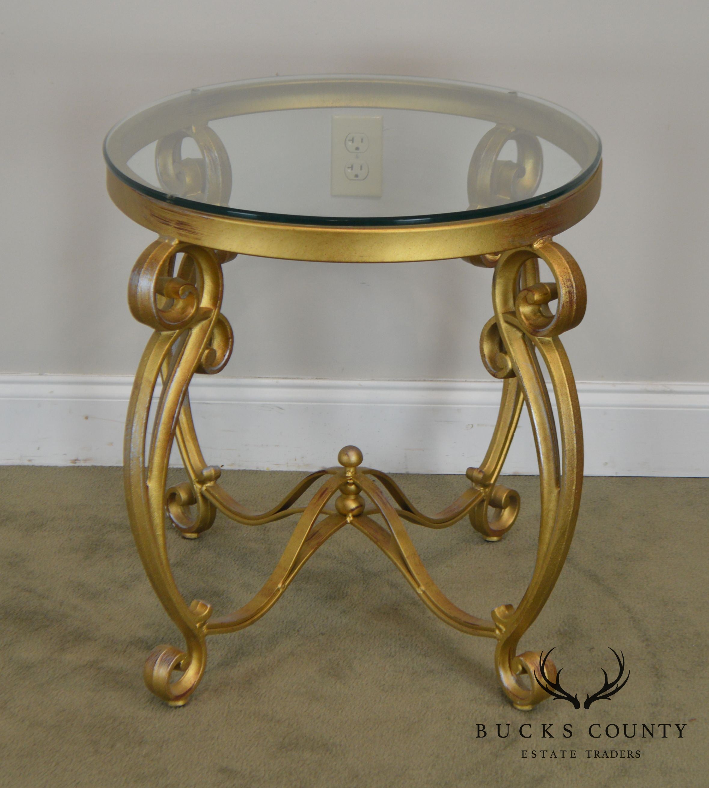 Rococo Style Gilt Metal Scrolled Base Glass Top Side Table