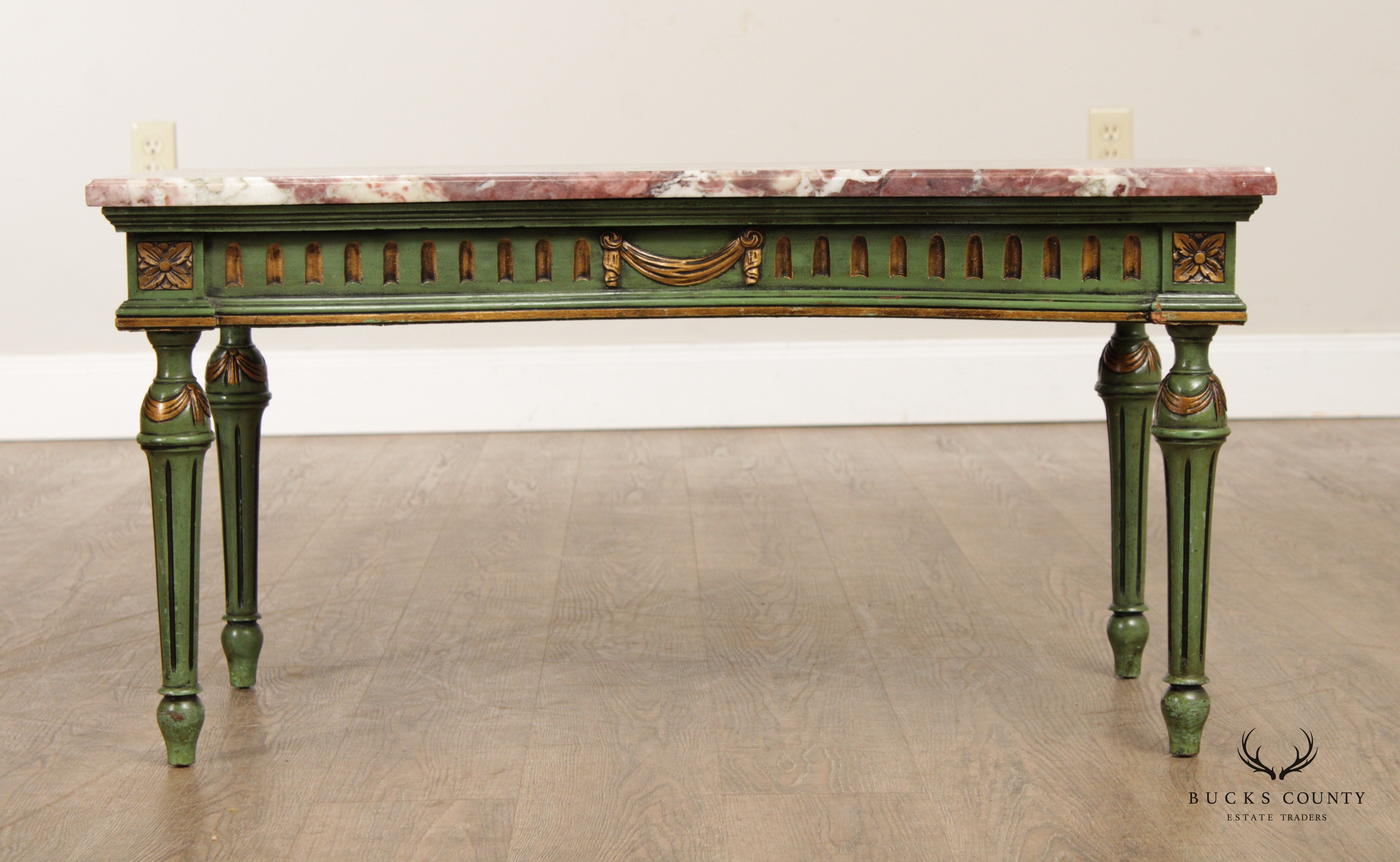 French Louis XV Style Painted Marble Top Low Console Table