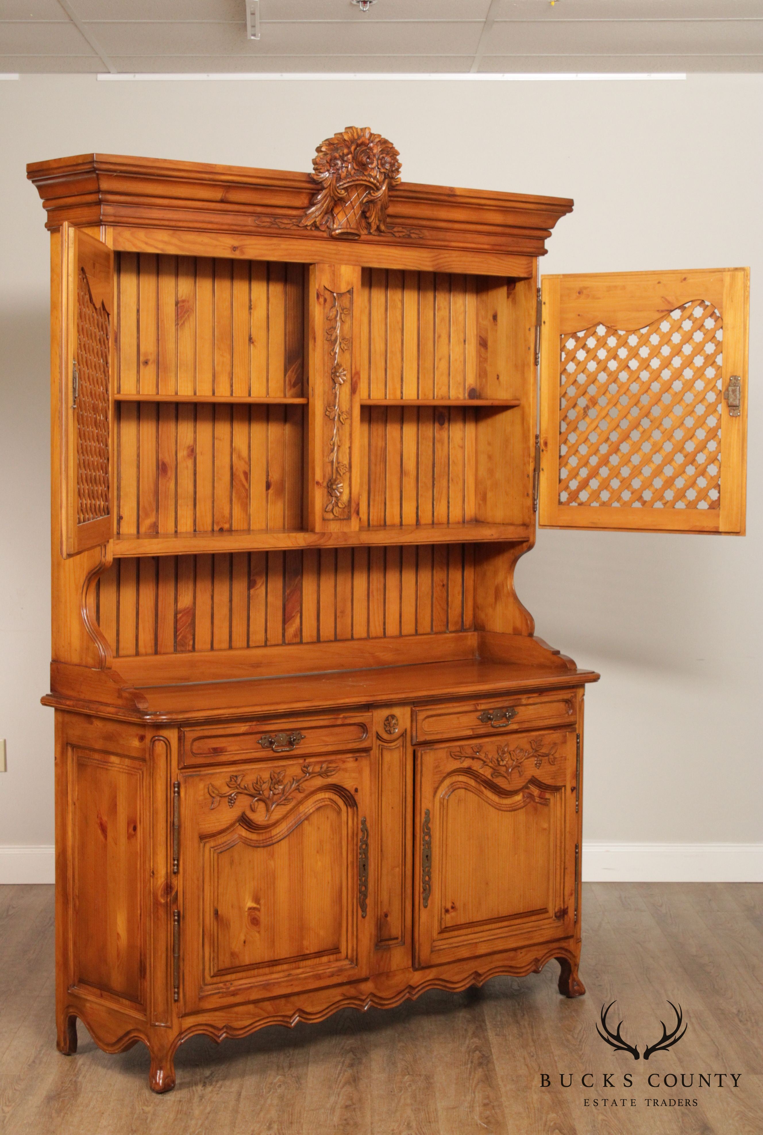 French Country Provincial Style Pine Carved Buffet Hutch Cabinet