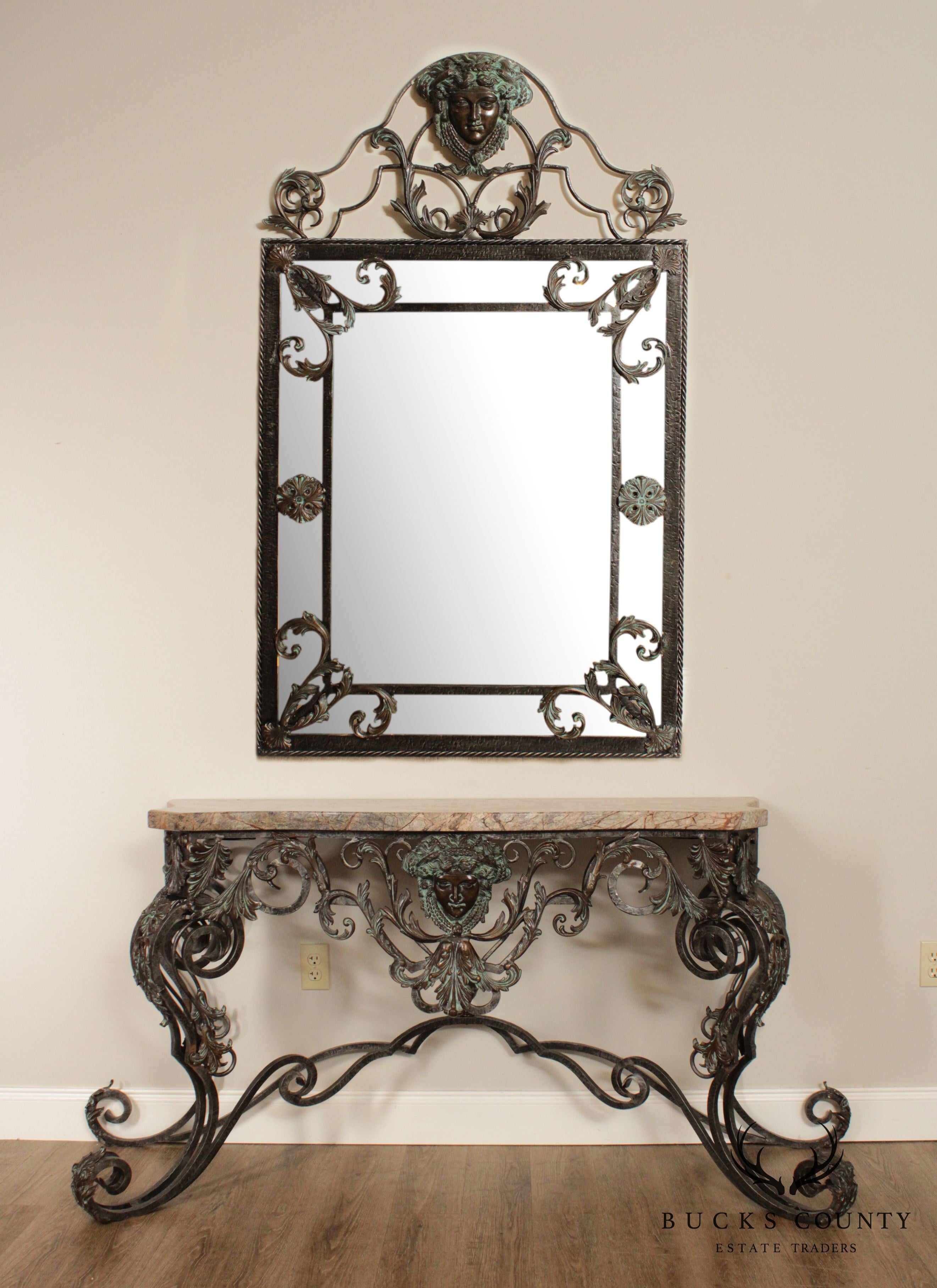 Maitland Smith Louis XIV Style Wrought Iron and Bronze Marble Top Console with Mirror