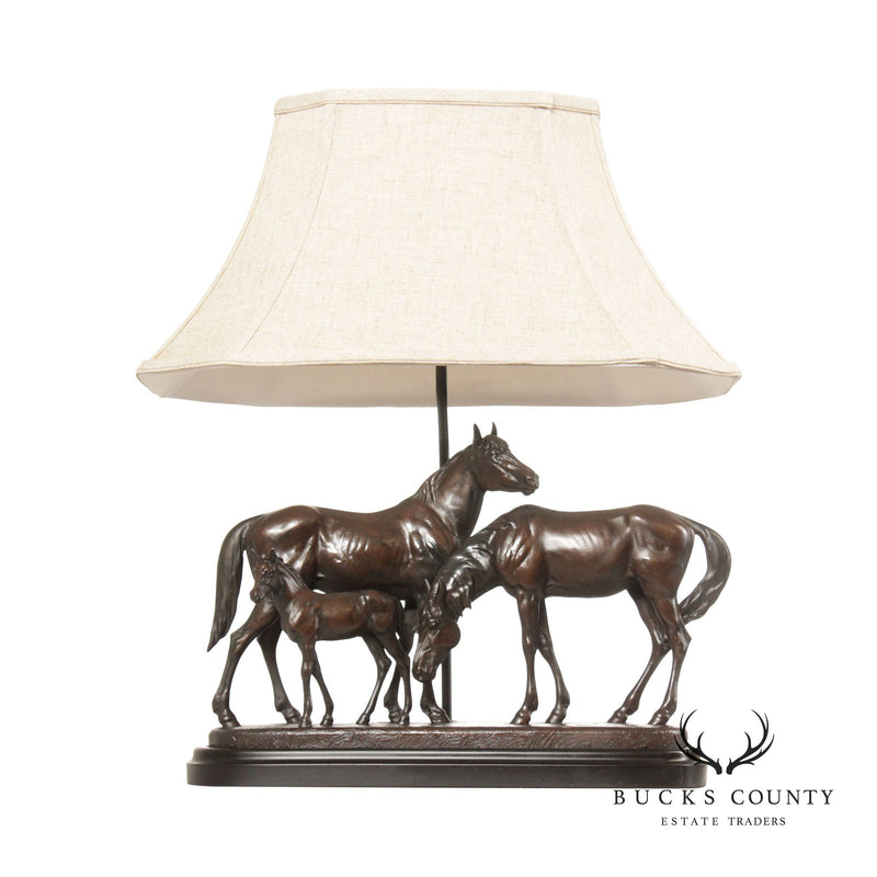 Remington Horse Family Bronzed Table Lamp, Custom Shade