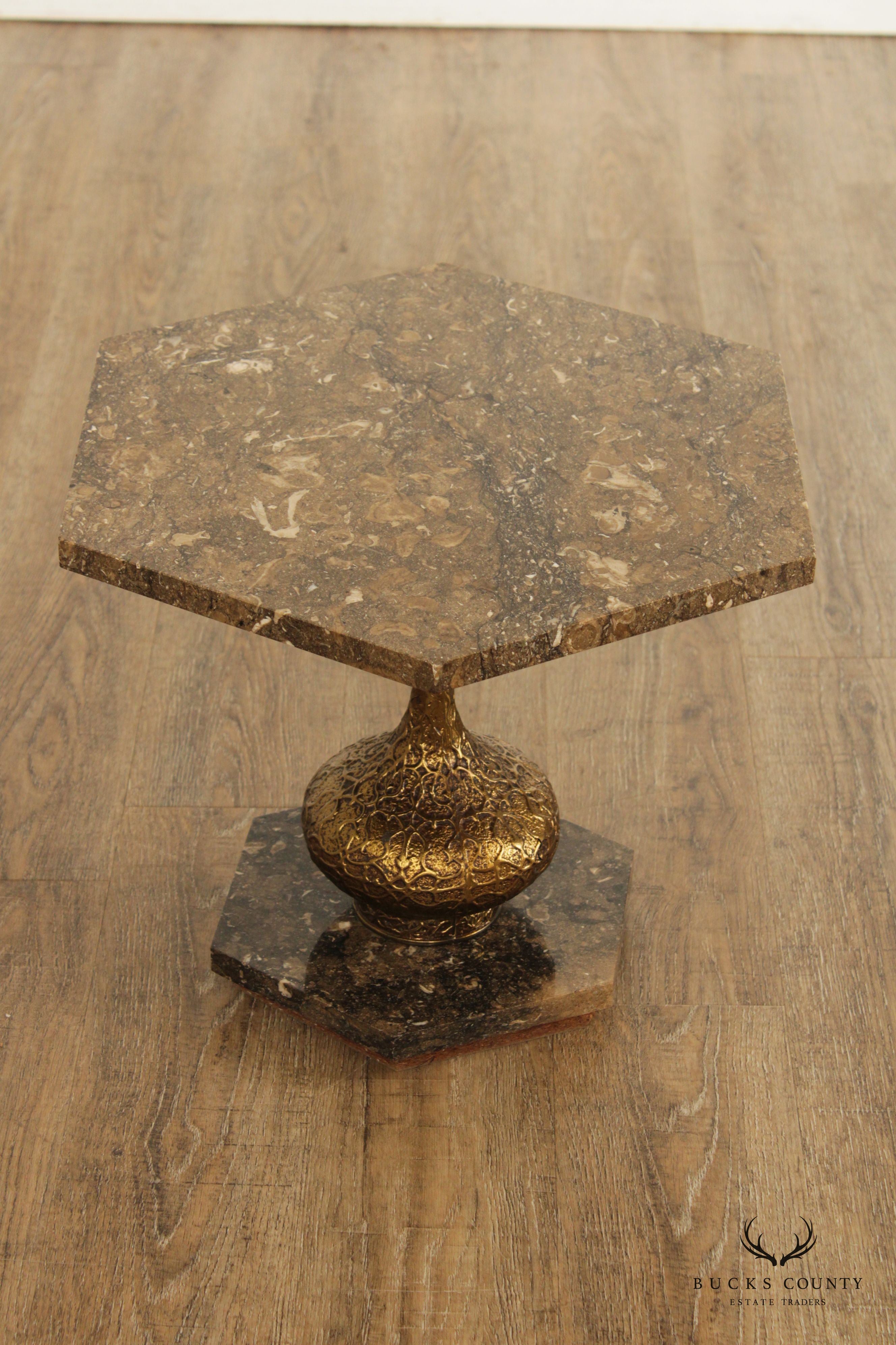 Hollywood Regency Pair Marble Hexagon Side Tables