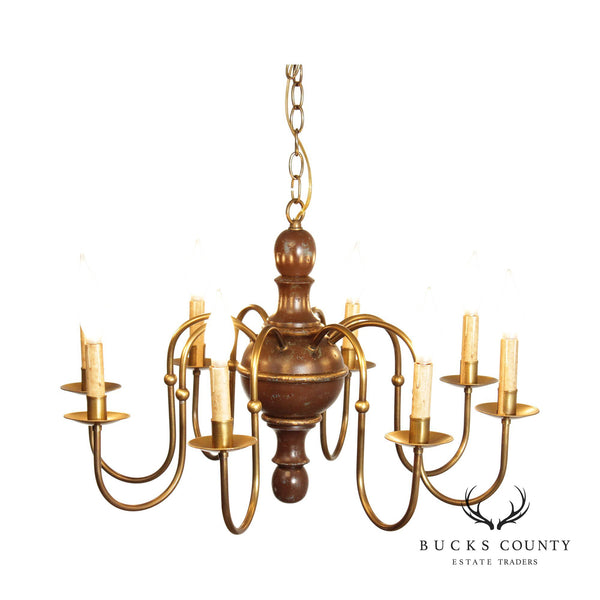 Farmhouse Style Distressed Wood and Brass Eight Arm Chandelier