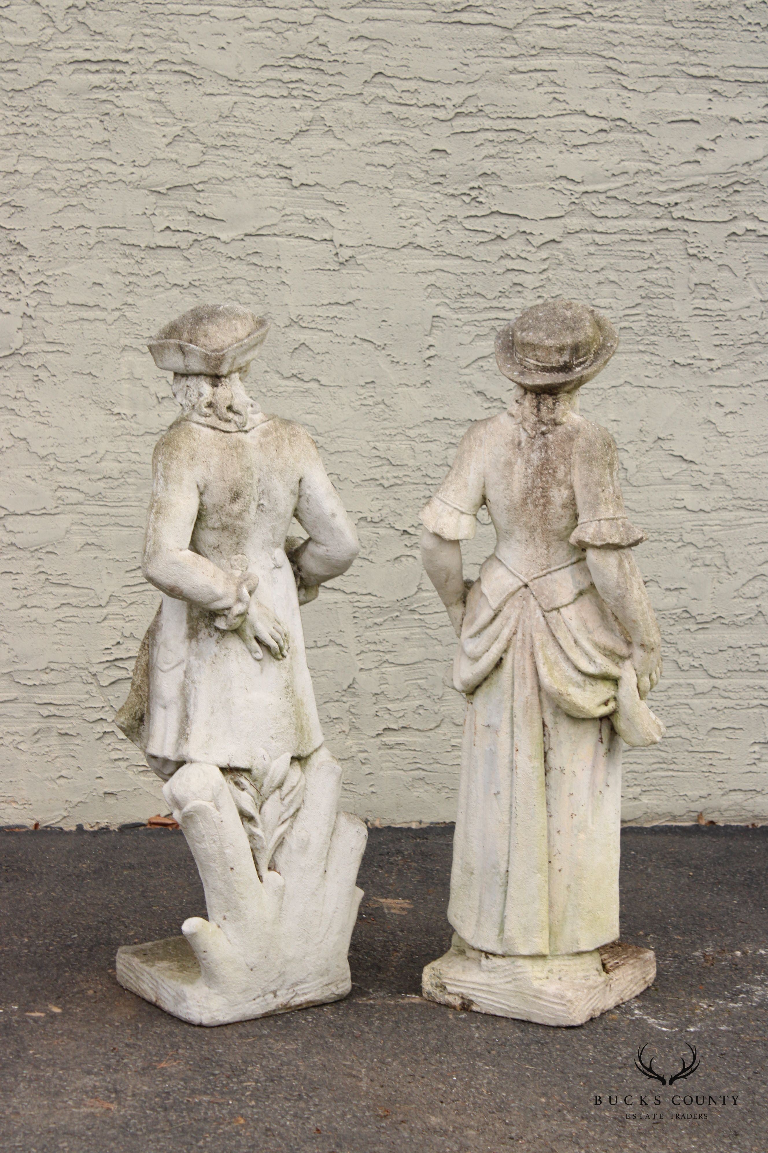 English Style Vintage Pair Figural Cast Stone Garden Statues