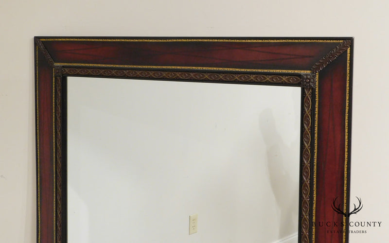 Hollywood Regency Vintage 1950's Red Leather Mahogany Frame Rectangular Wall Mirror