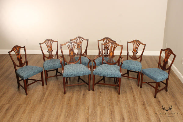 Antique Hepplewhite Style Set of Eight Inlaid Shield Back Dining Chairs