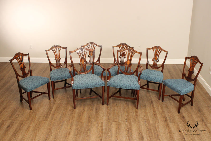 Antique Hepplewhite Style Set of Eight Inlaid Shield Back Dining Chairs