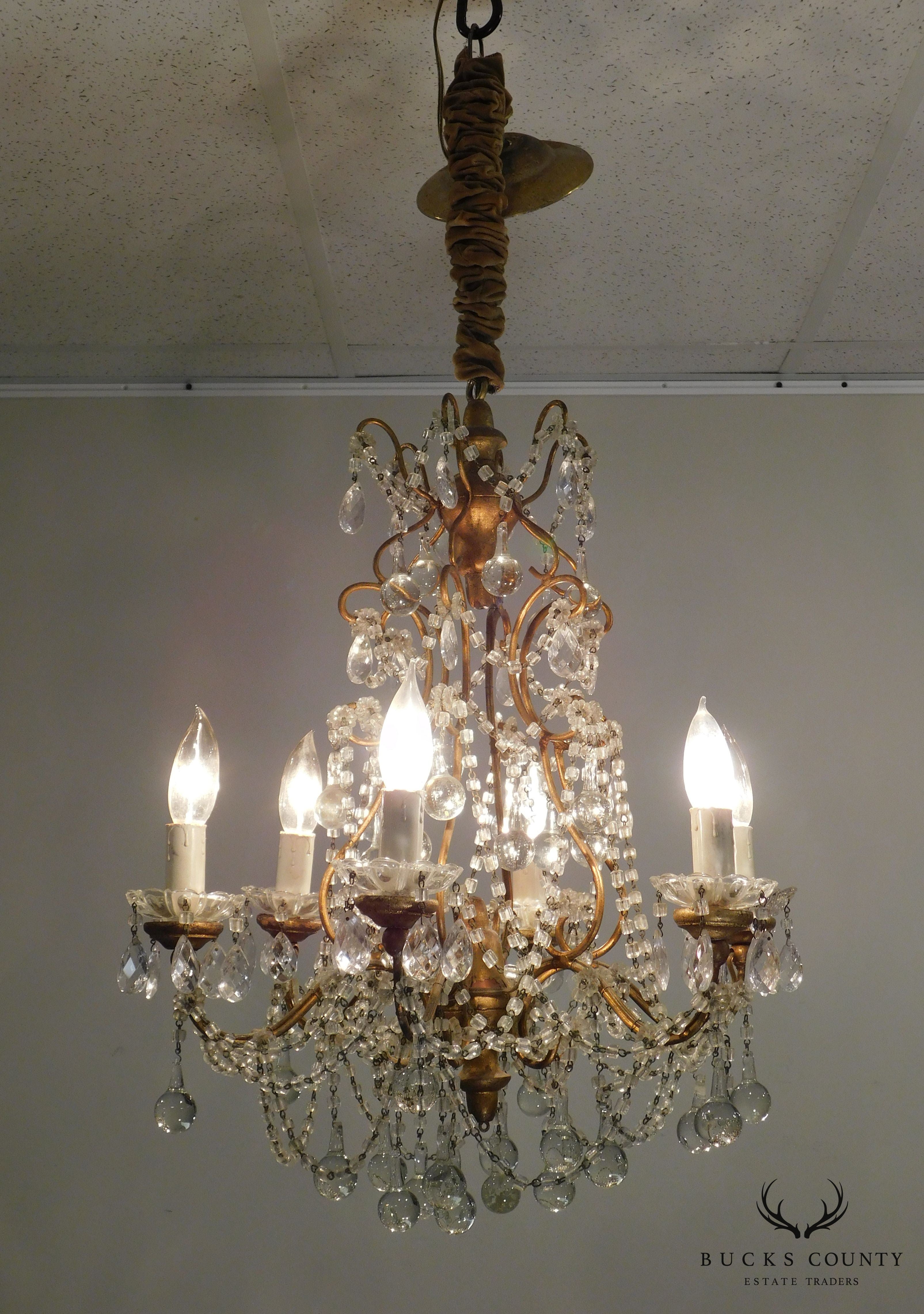 Vintage Italian Gilt Metal Chandelier with Teardrop Prisms