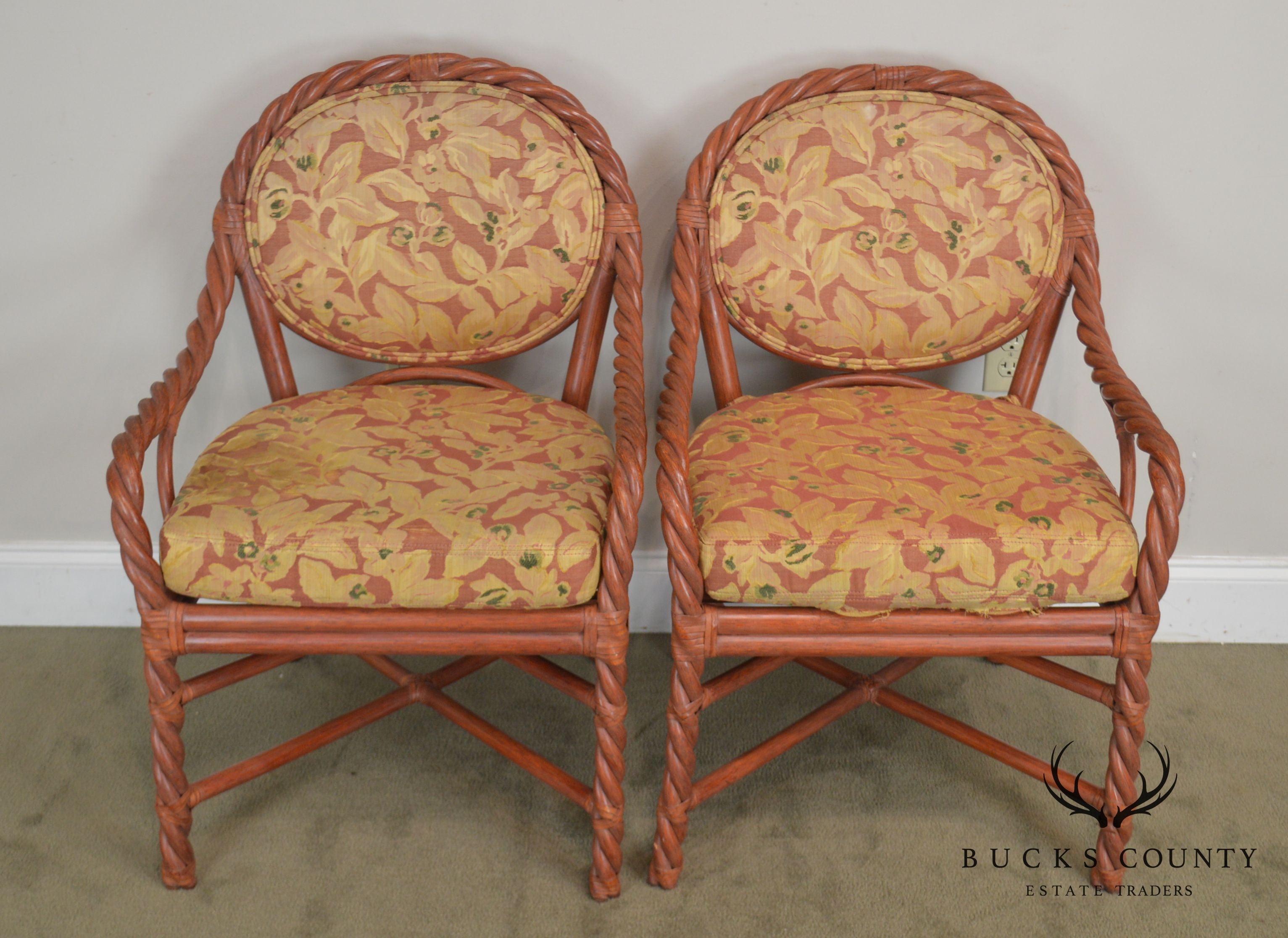 Mcguire of San Francisco Pair Painted Twist Rattan Armchairs