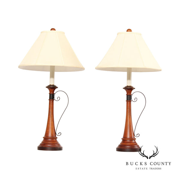 Traditional Country Style Pair Wood and Metal Scroll Table Lamps