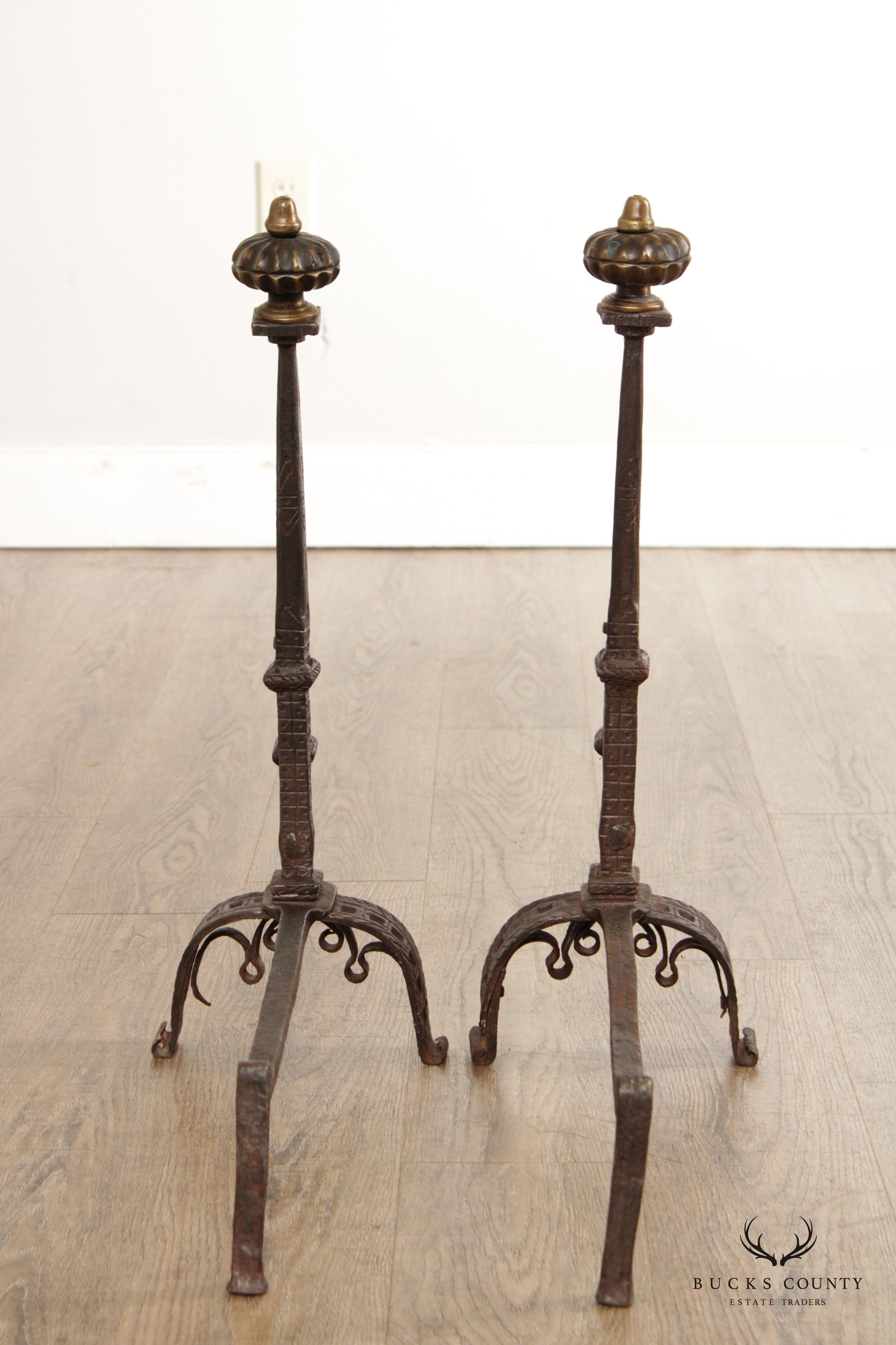 Antique English Pair of Aesthetic Wrought Iron and Brass Fireplace Andirons